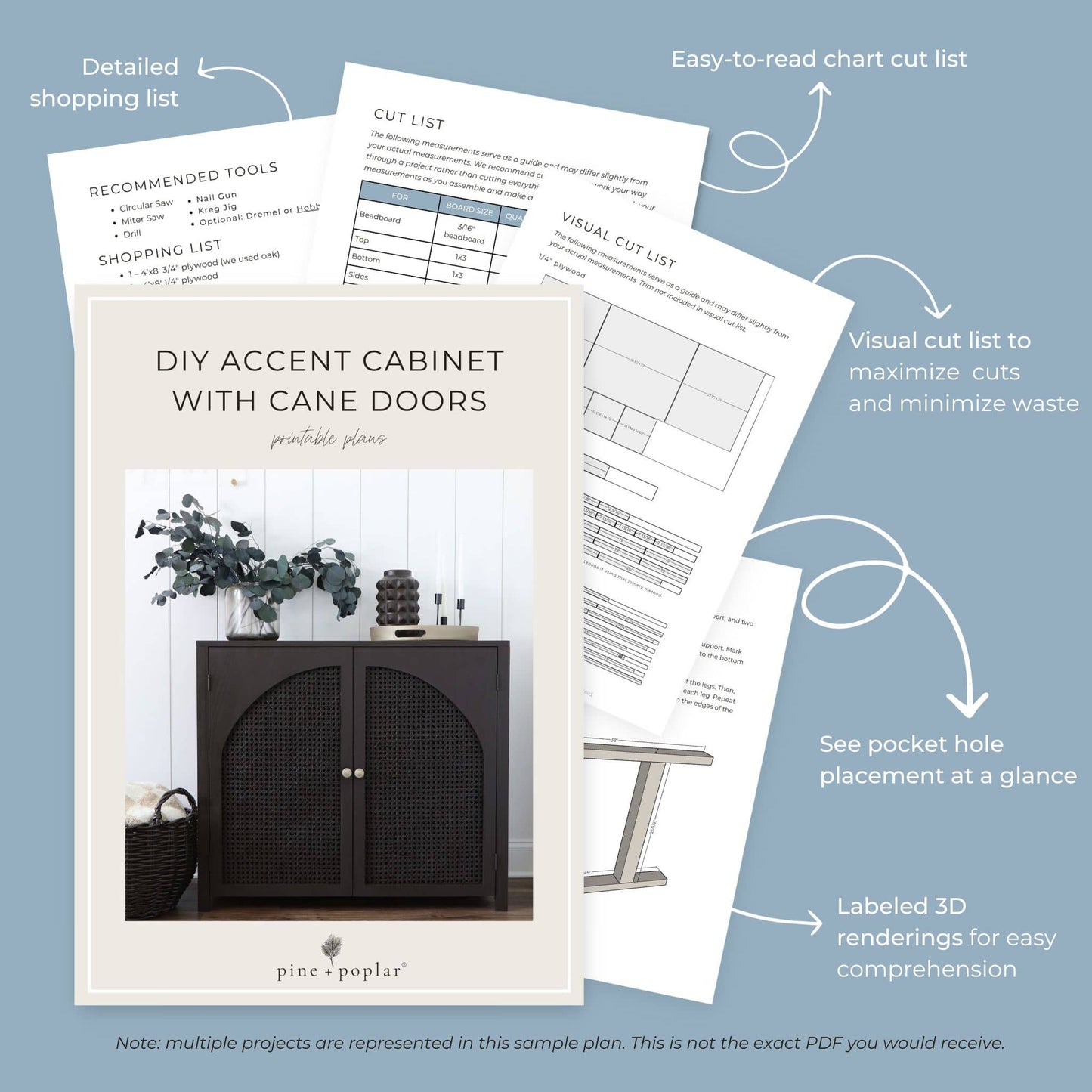 peek inside of DIY arch door cabinet plans with pages of cut list, shopping list, and tools
