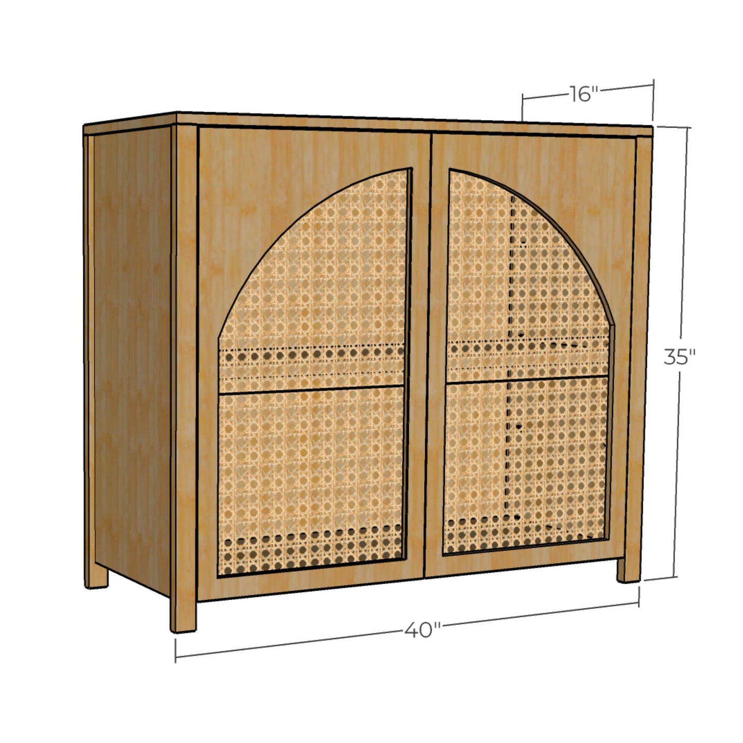 3D rendering of a DIY accent cabinet with cane doors with dimensions