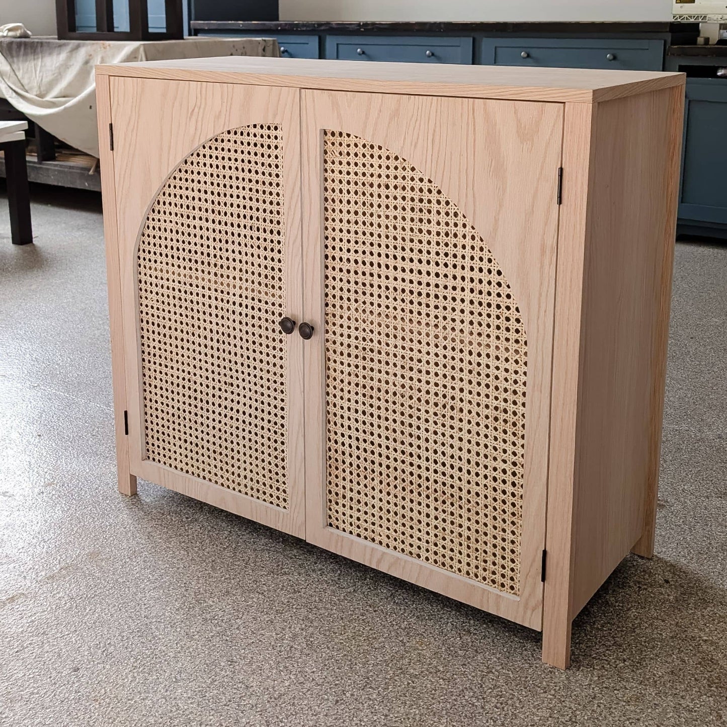 DIY cane door cabinet with arches made from red oak
