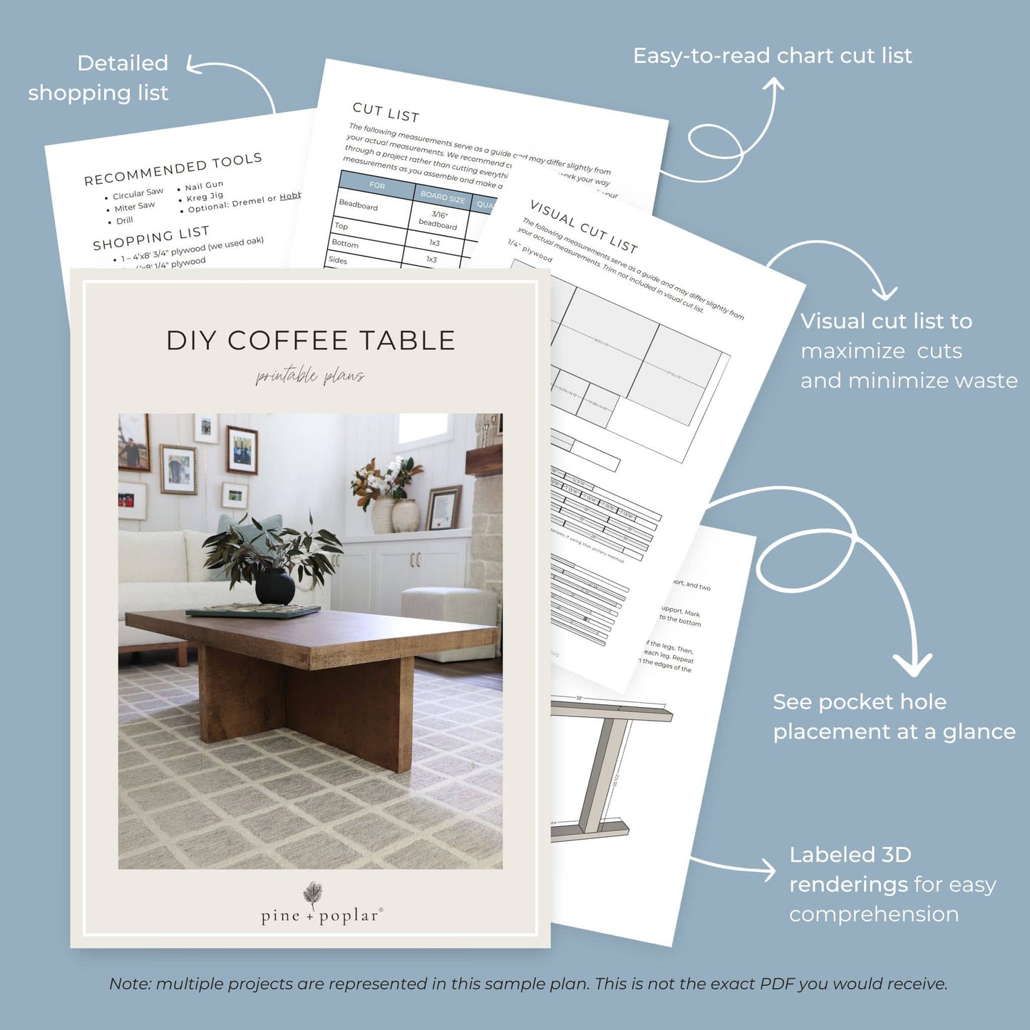 DIY coffee table printable plan with preview of pages inside of project plan