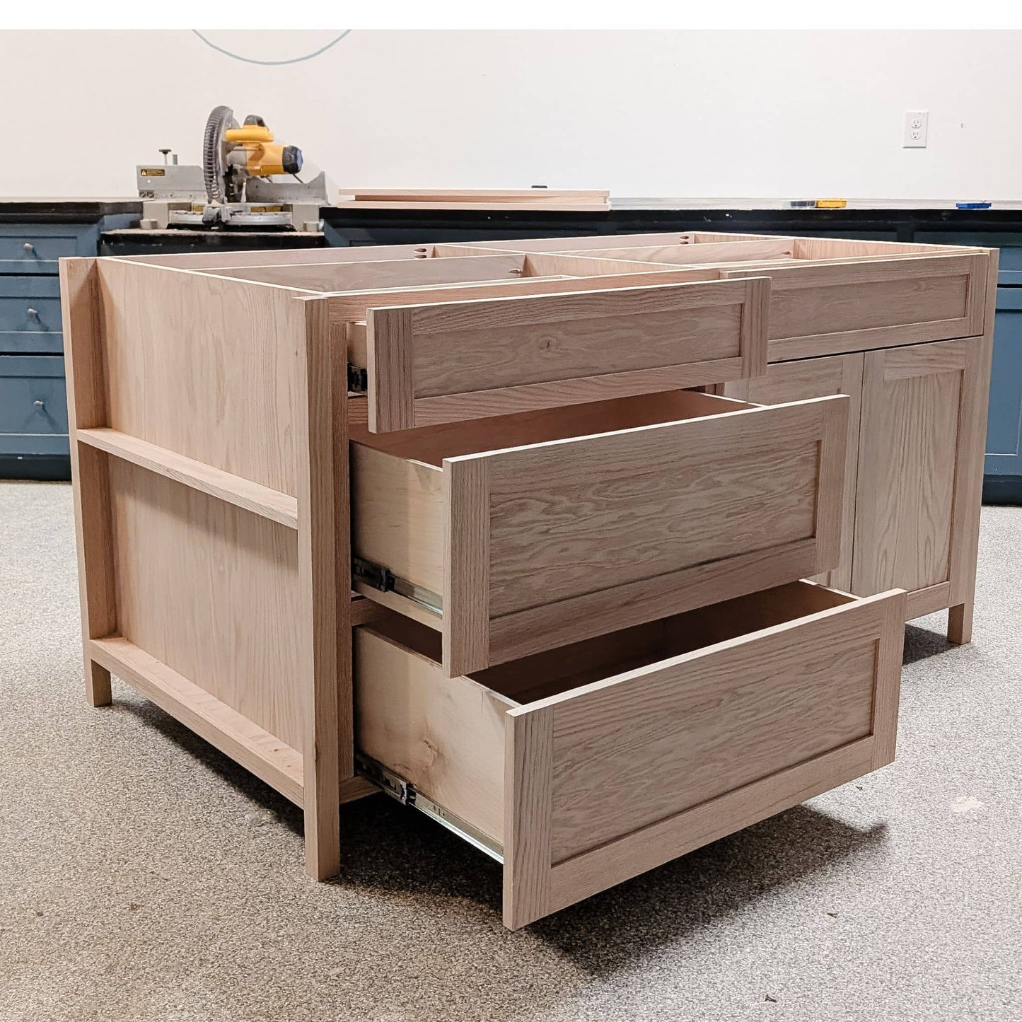 DIY kitchen island with drawers open
