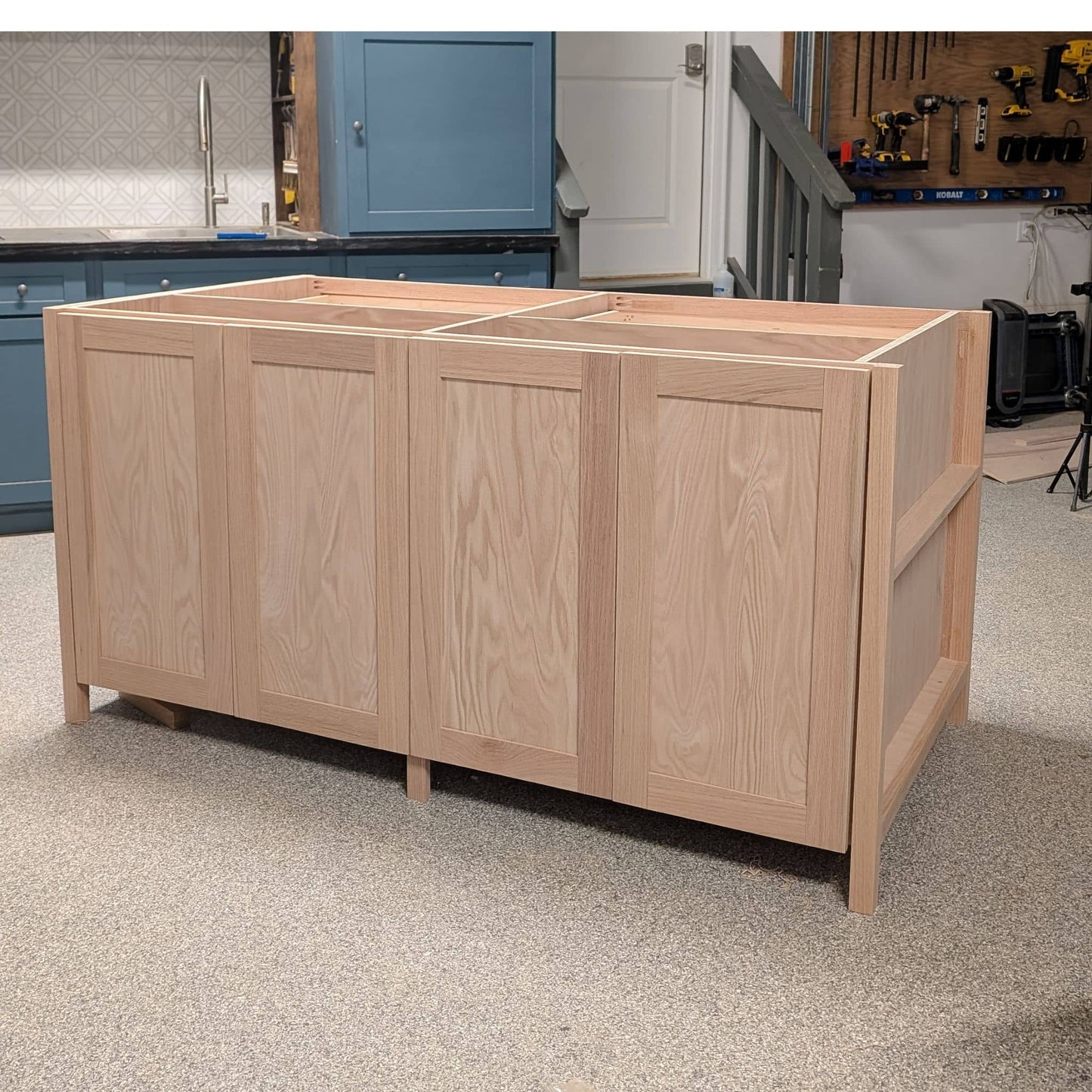 back side of DIY kitchen island with 4 doors