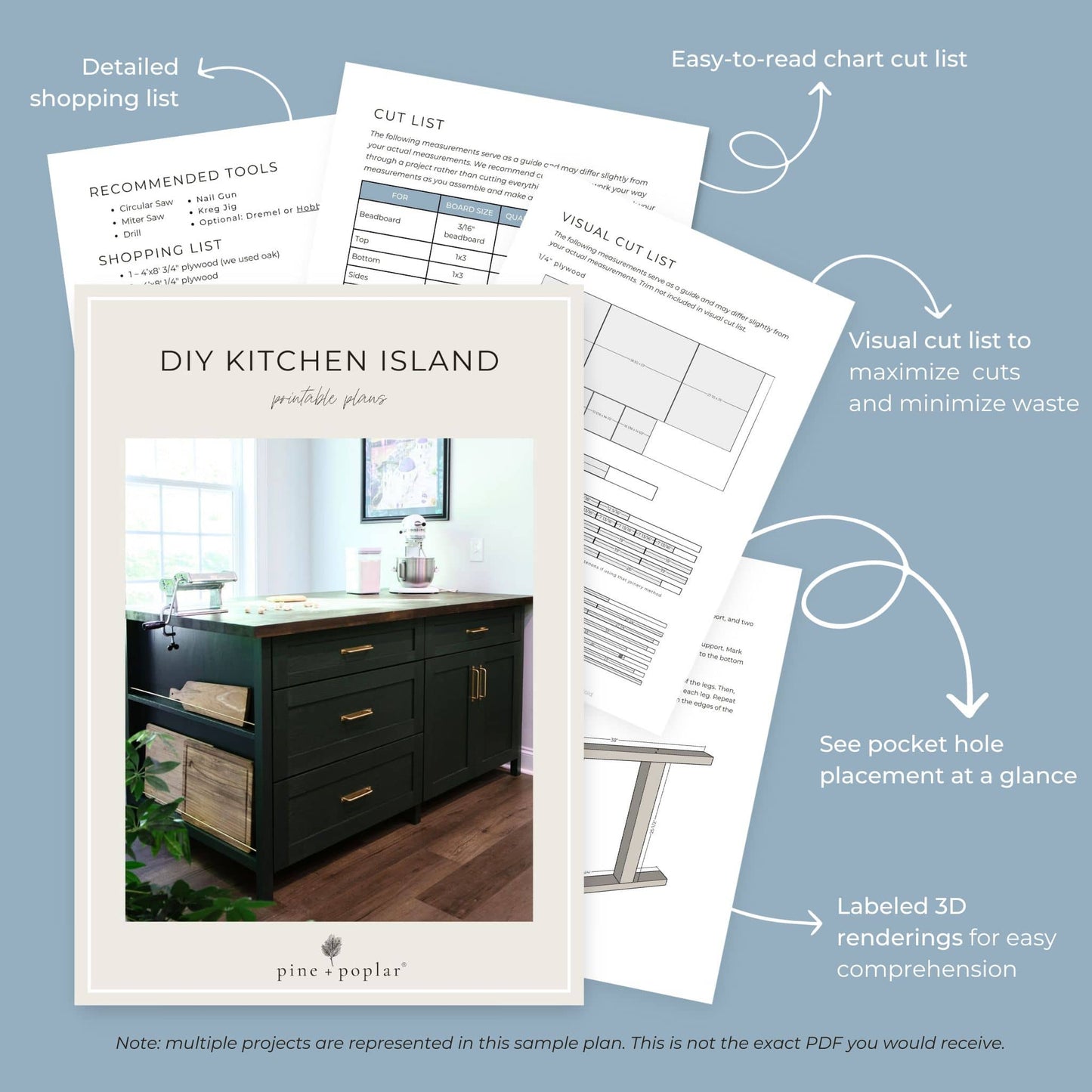 DIY kitchen island printable plan with views of pages inside