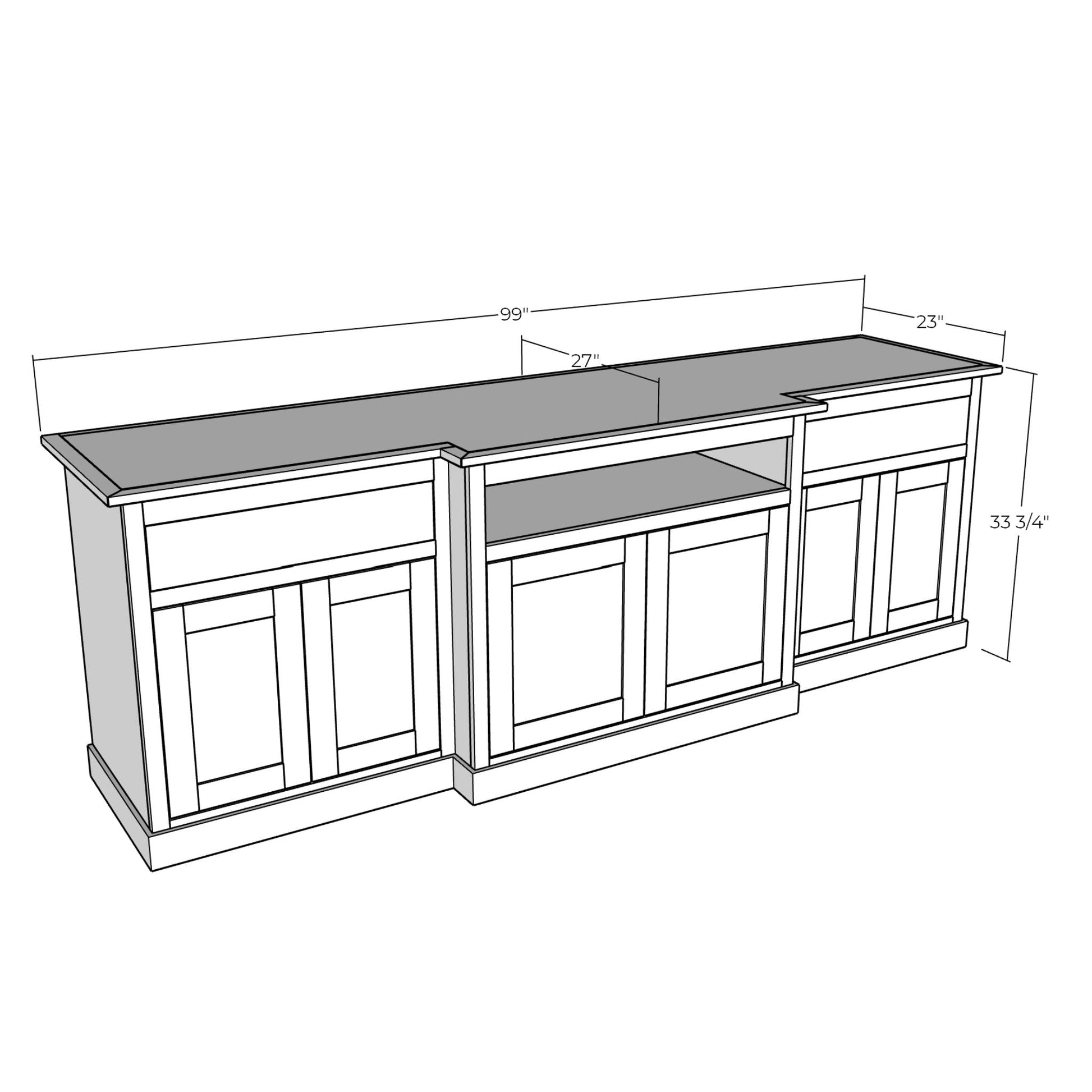3D rendering of Large Media Console with dimensions