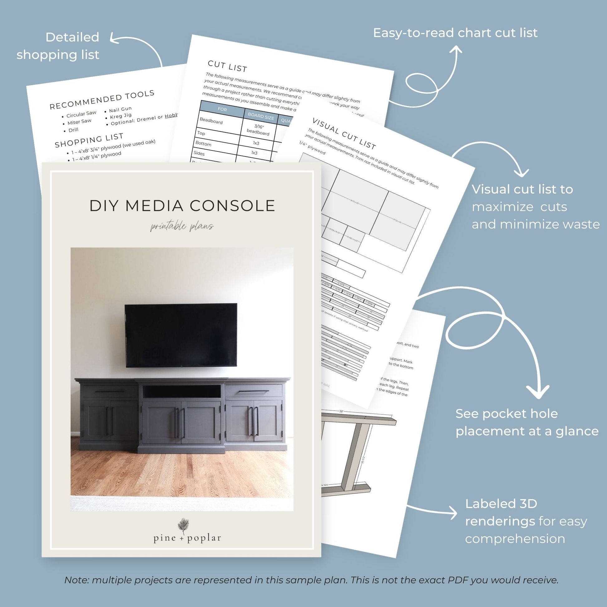 Preview pages of DIY printable project plans showing cut lists, 3D renderings, and detailed shopping list