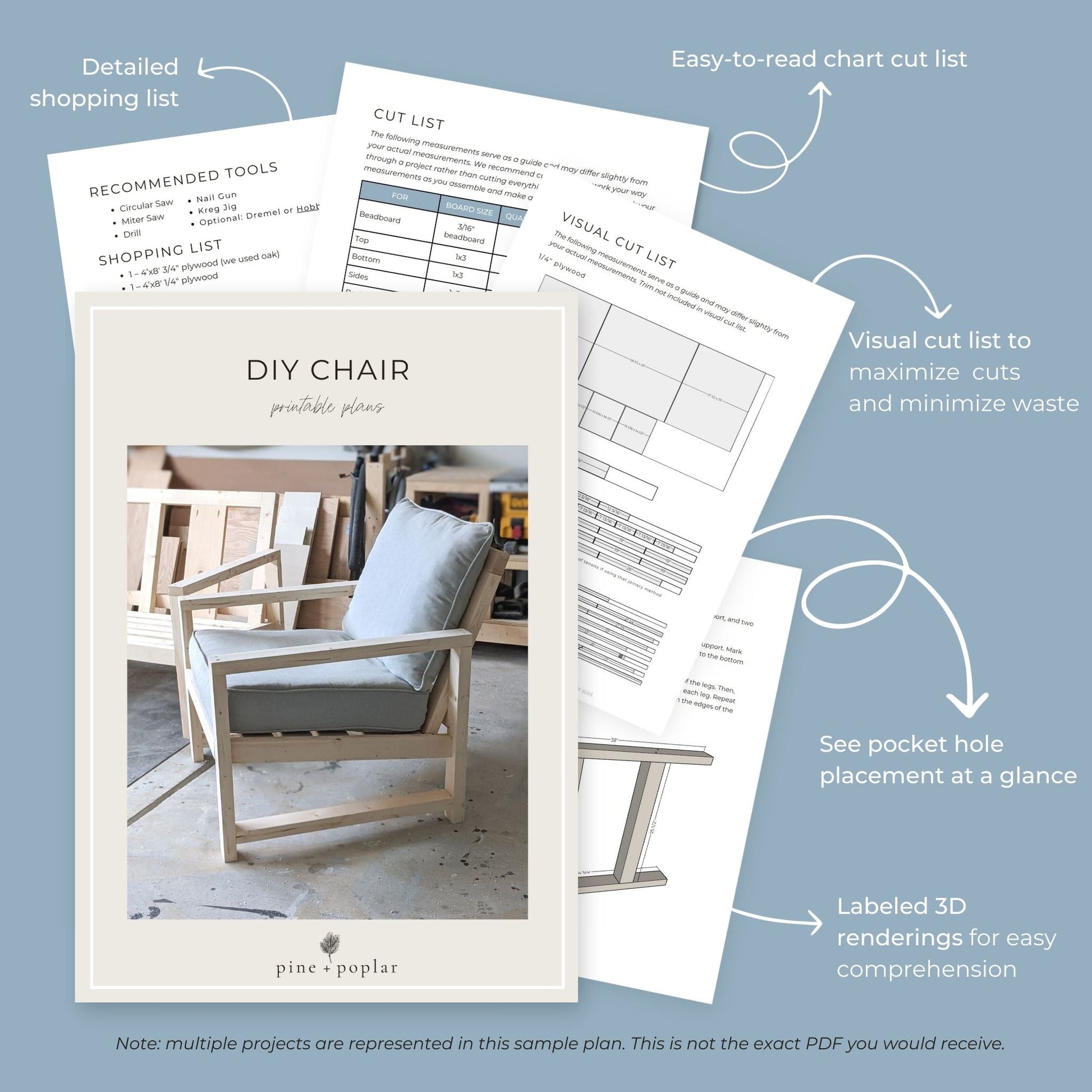 Outdoor Chair Preview pages of DIY printable project plans showing cut lists, 3D renderings, and detailed shopping list Plans