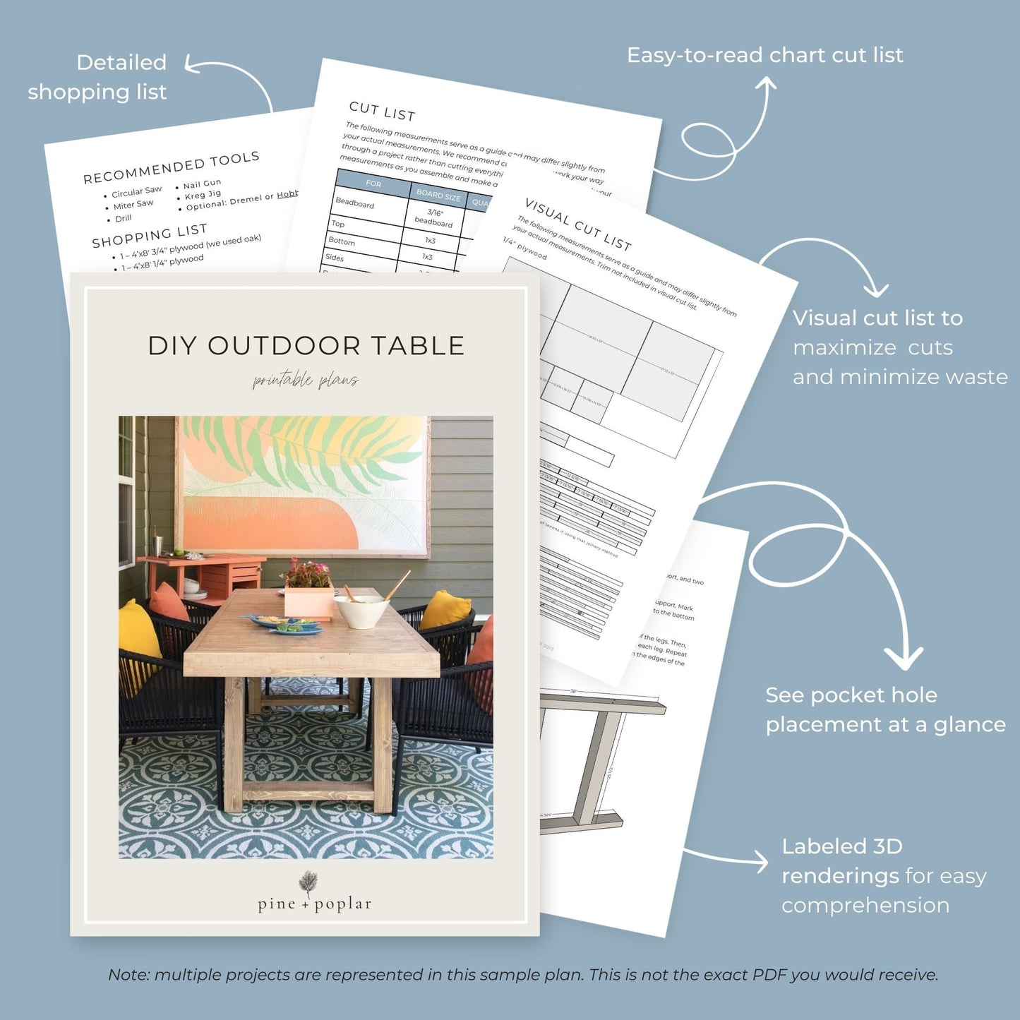 Preview pages of DIY printable project plans showing cut lists, 3D renderings, and detailed shopping list