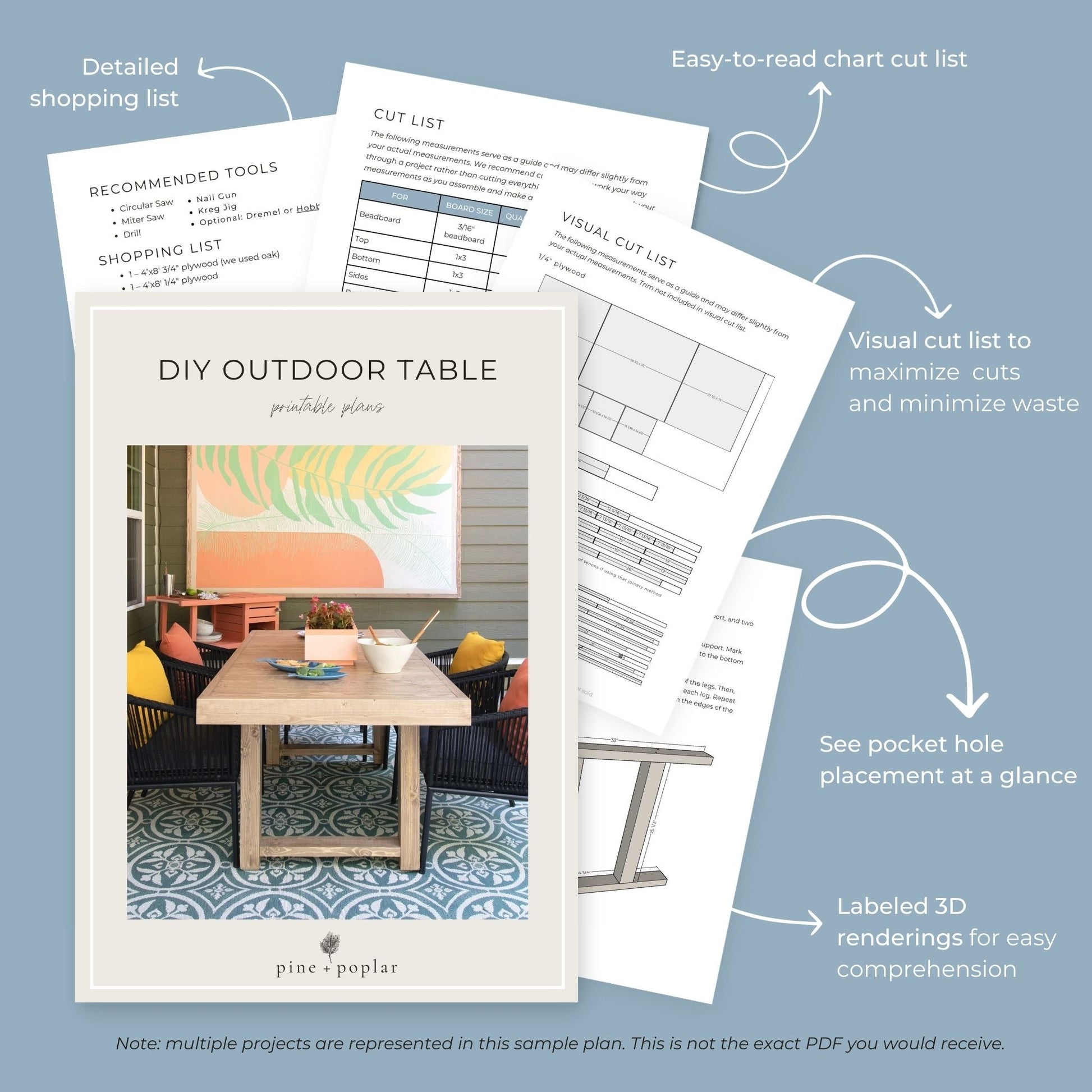 Preview pages of DIY printable project plans showing cut lists, 3D renderings, and detailed shopping list