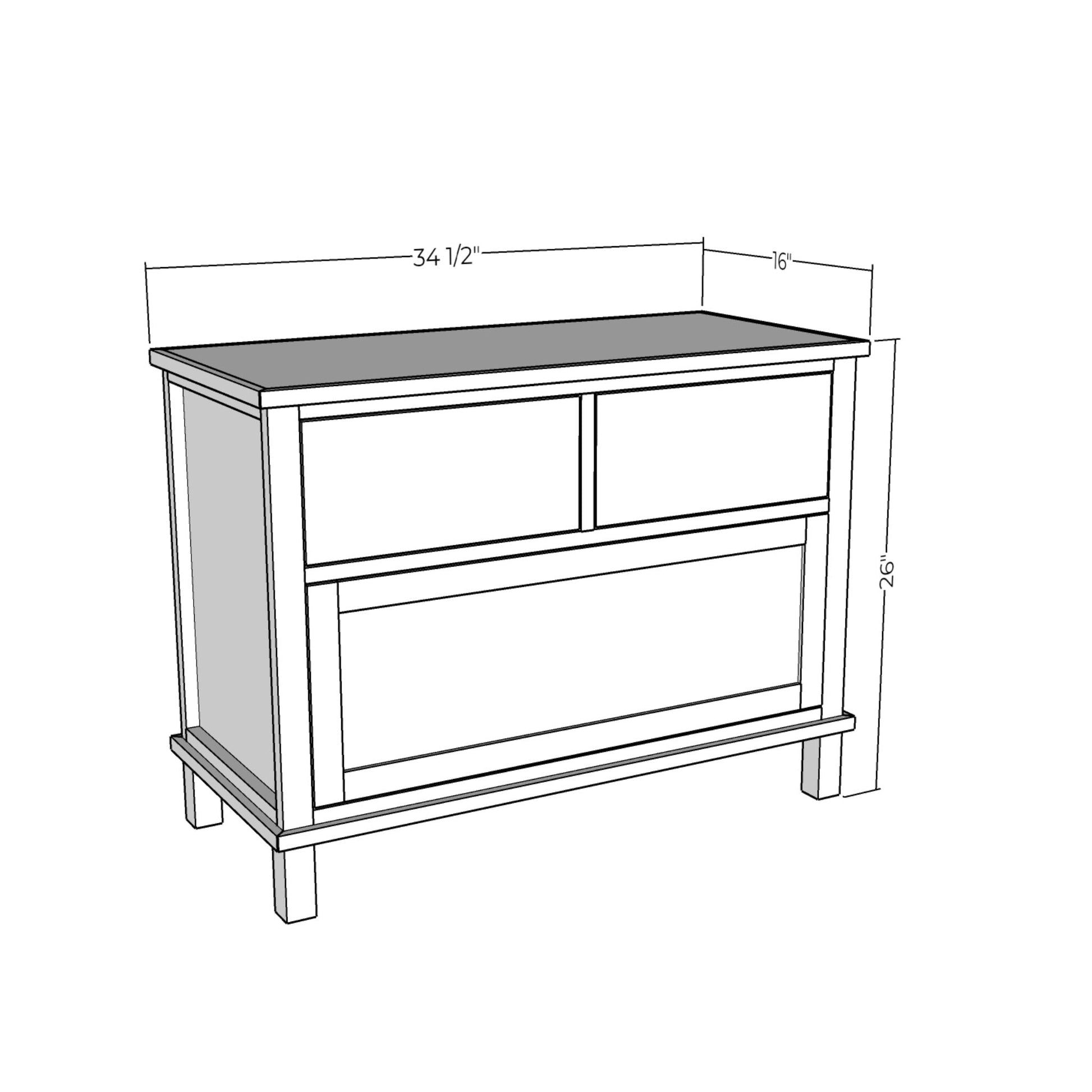 3D rendering of 3 Drawer Nightstand with dimensions