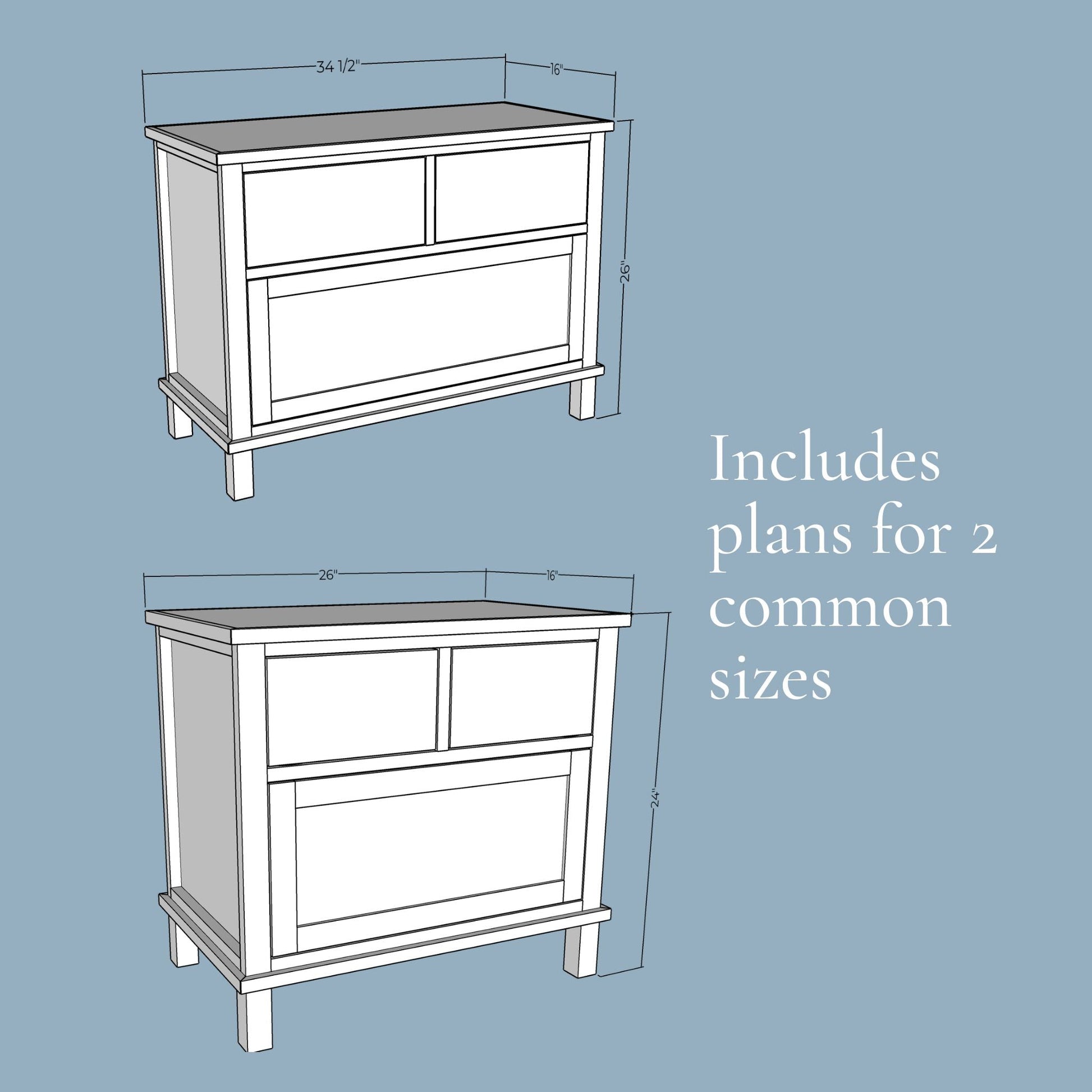 3D rendering of DIY nightstand plans showing two available sizes