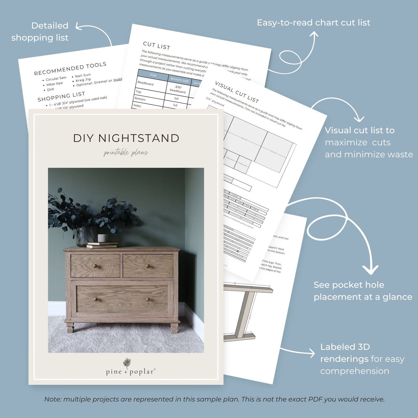 Preview pages of DIY printable project plans showing cut lists, 3D renderings, and detailed shopping list