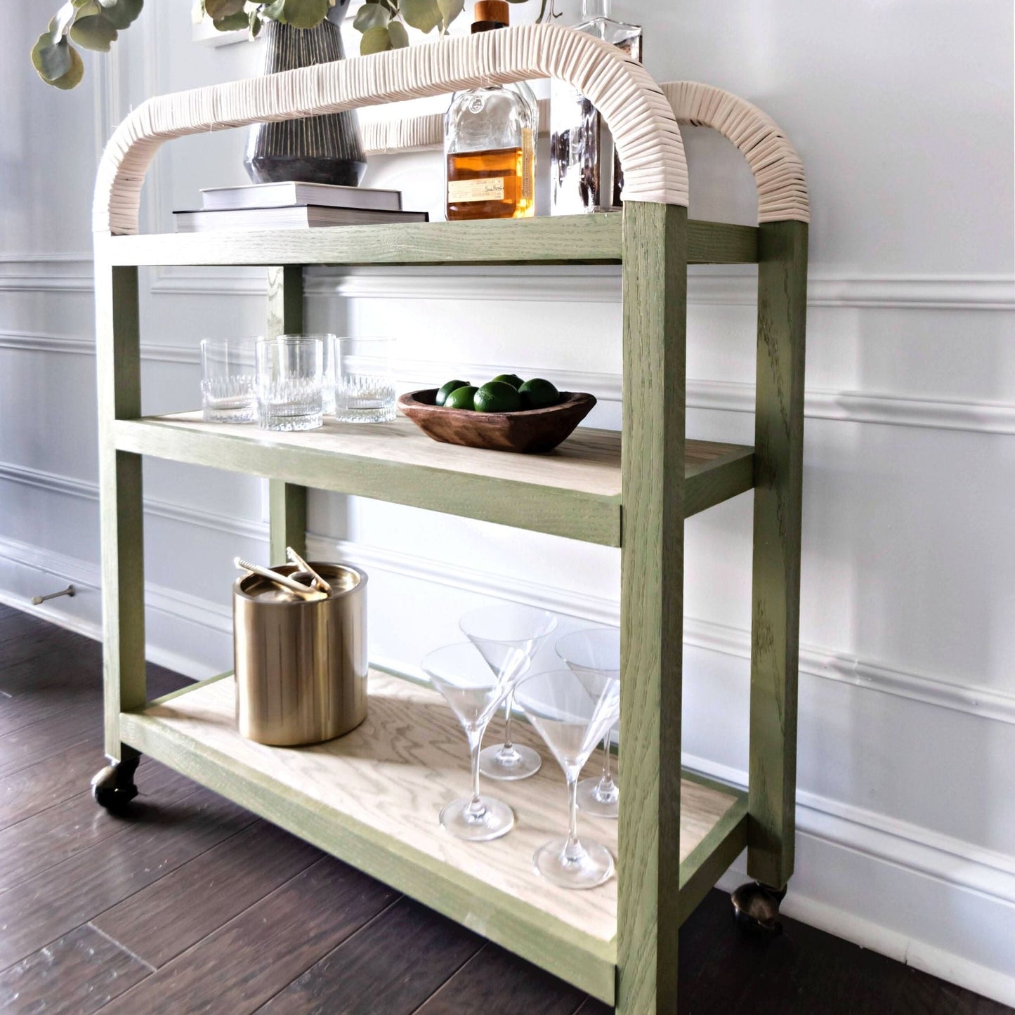 DIY Bar Cart stained green and styled in a living room