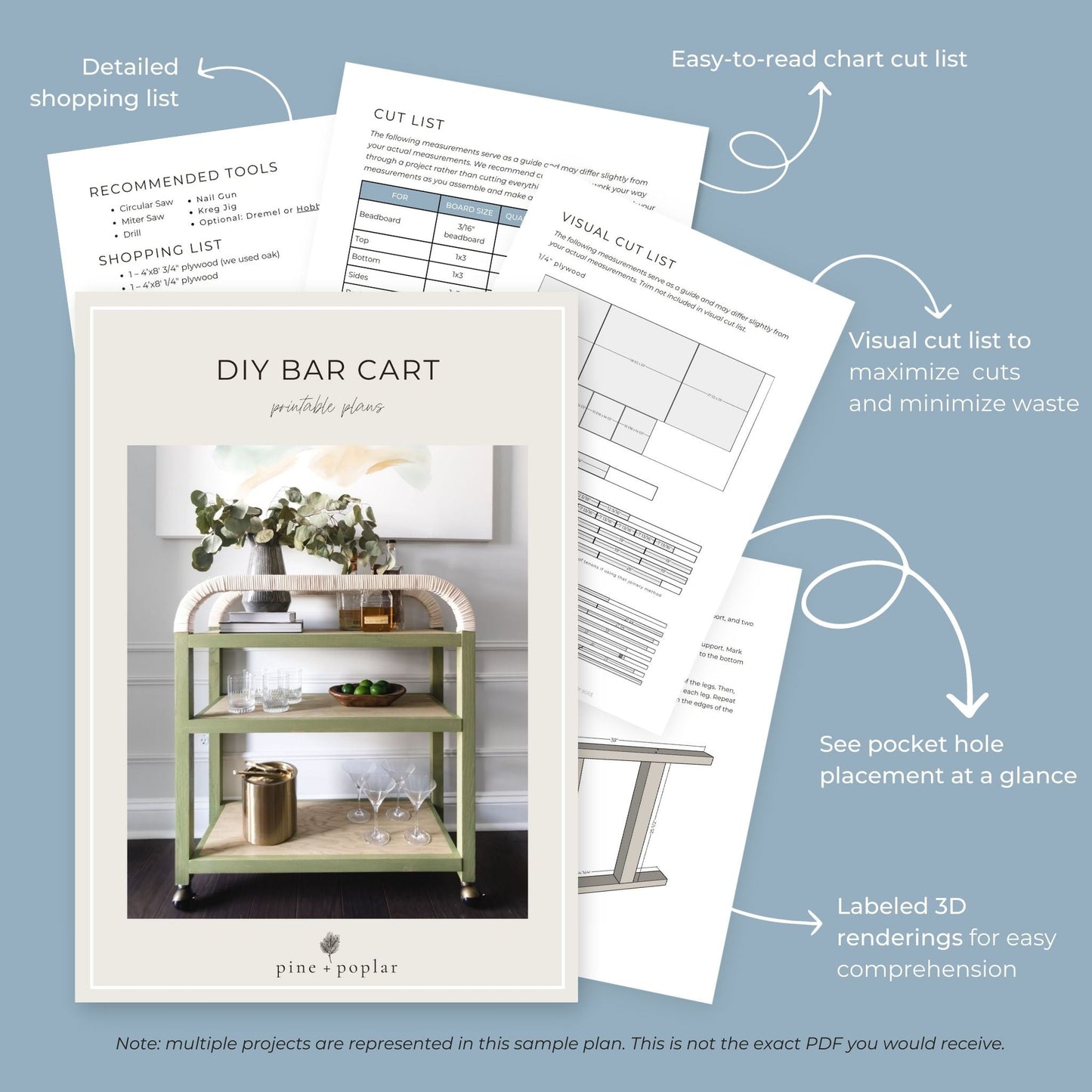 Preview pages of DIY printable project plans showing cut lists, 3D renderings, and detailed shopping list