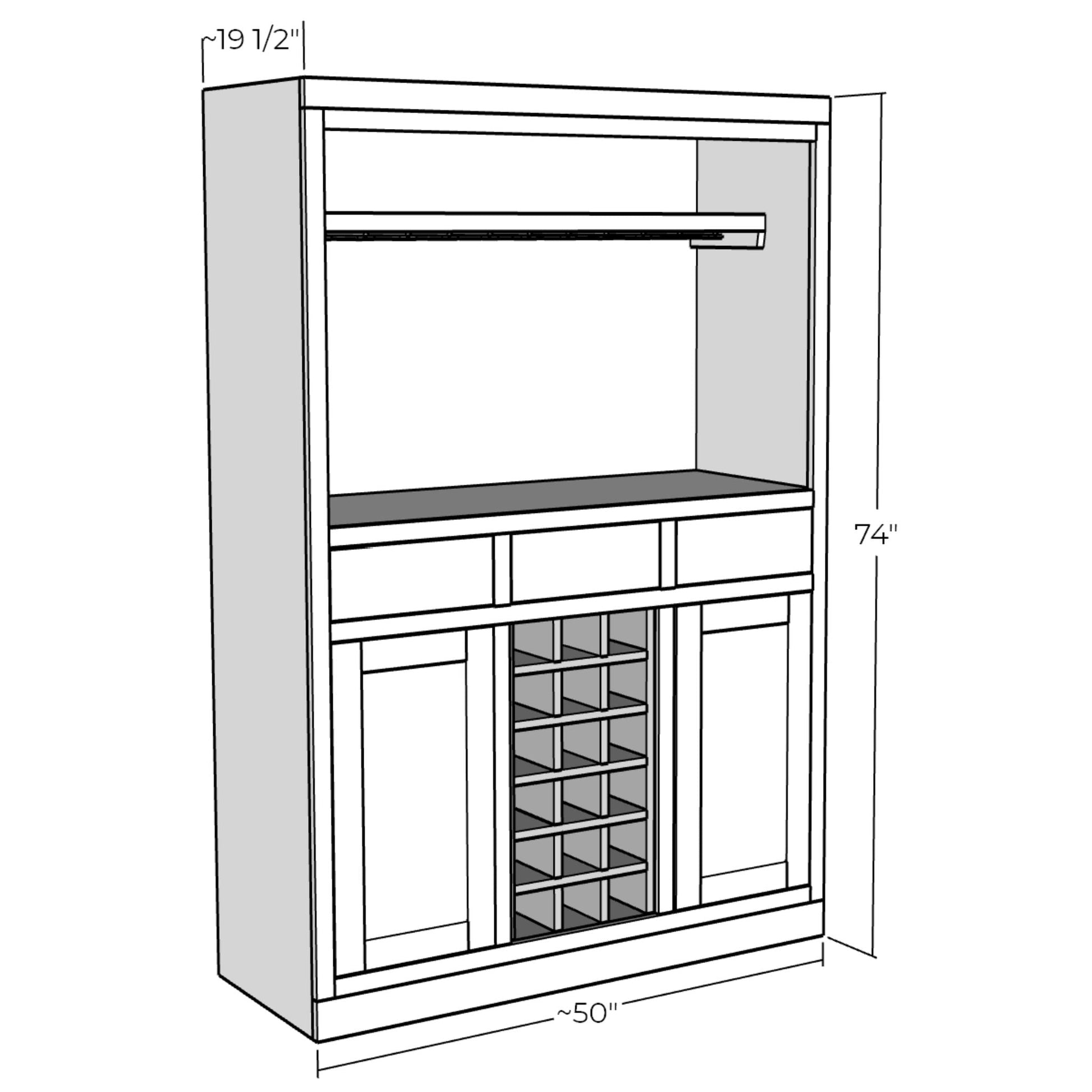 3D rendering of Bar Hutch Cabinet with dimensions