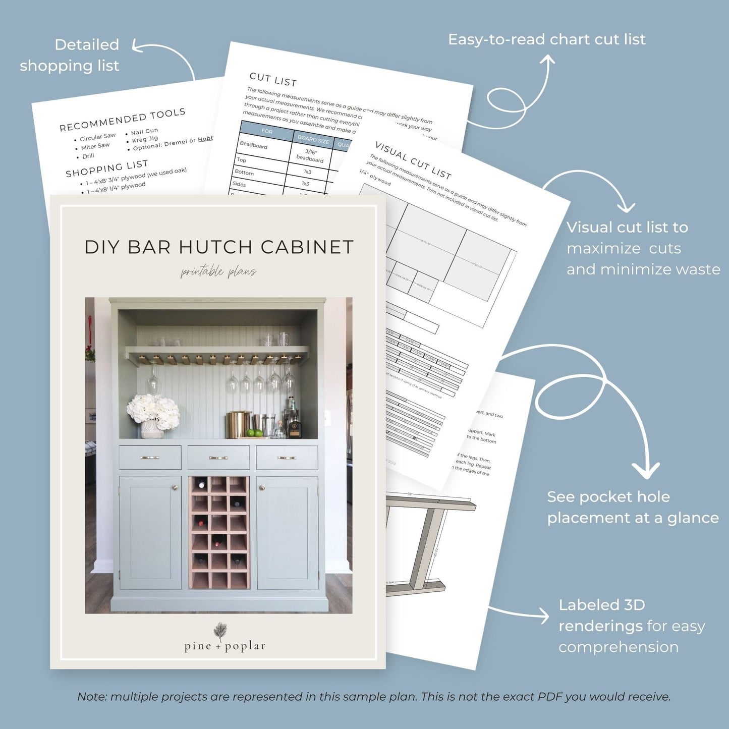 Preview pages of DIY printable project plans showing cut lists, 3D renderings, and detailed shopping list