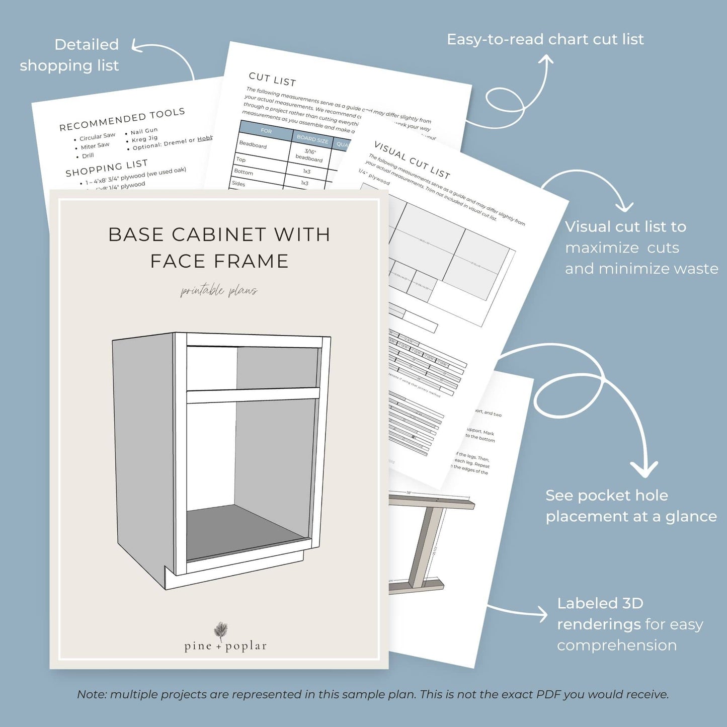 Preview pages of DIY printable project plans showing cut lists, 3D renderings, and detailed shopping list