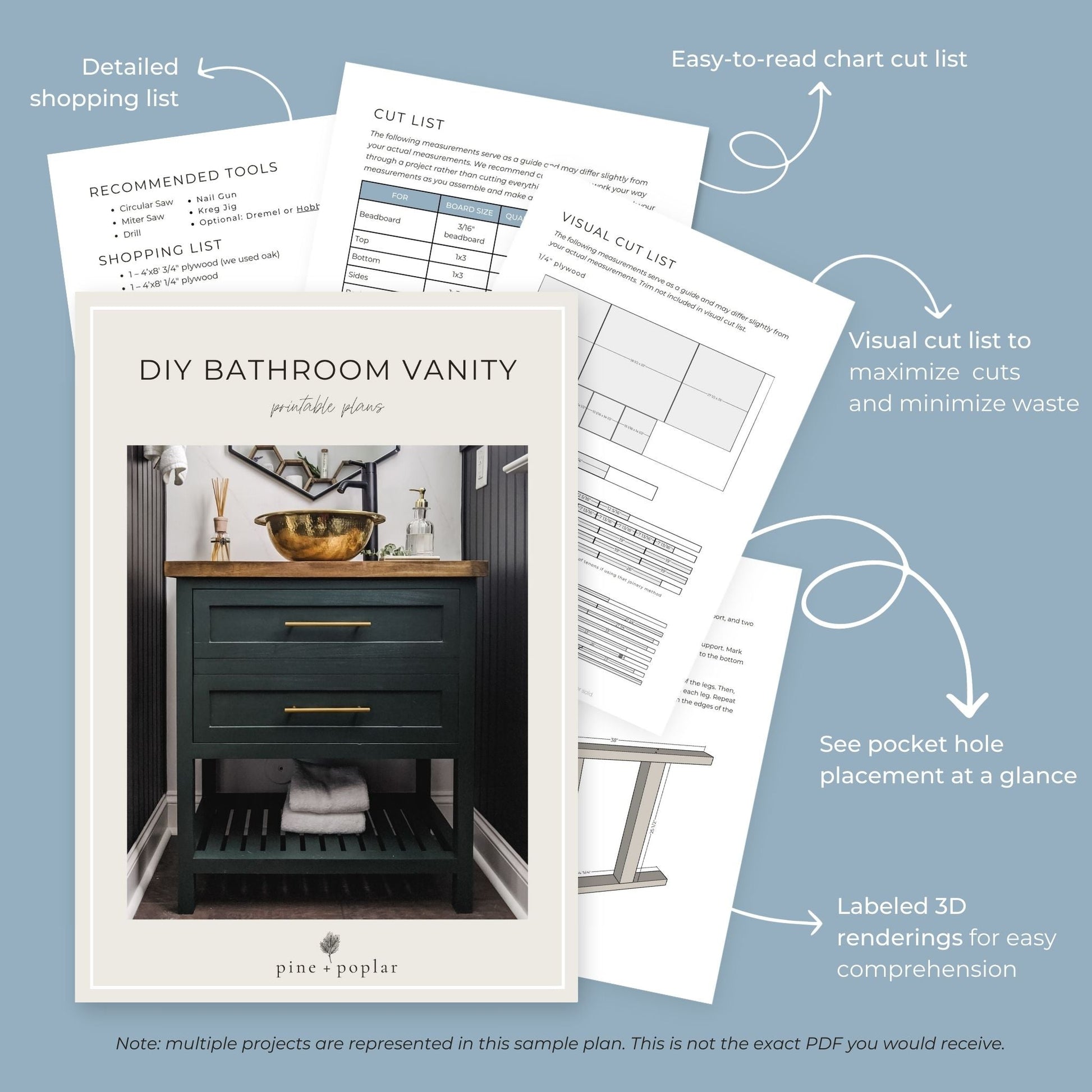 Preview pages of DIY printable project plans showing cut lists, 3D renderings, and detailed shopping list