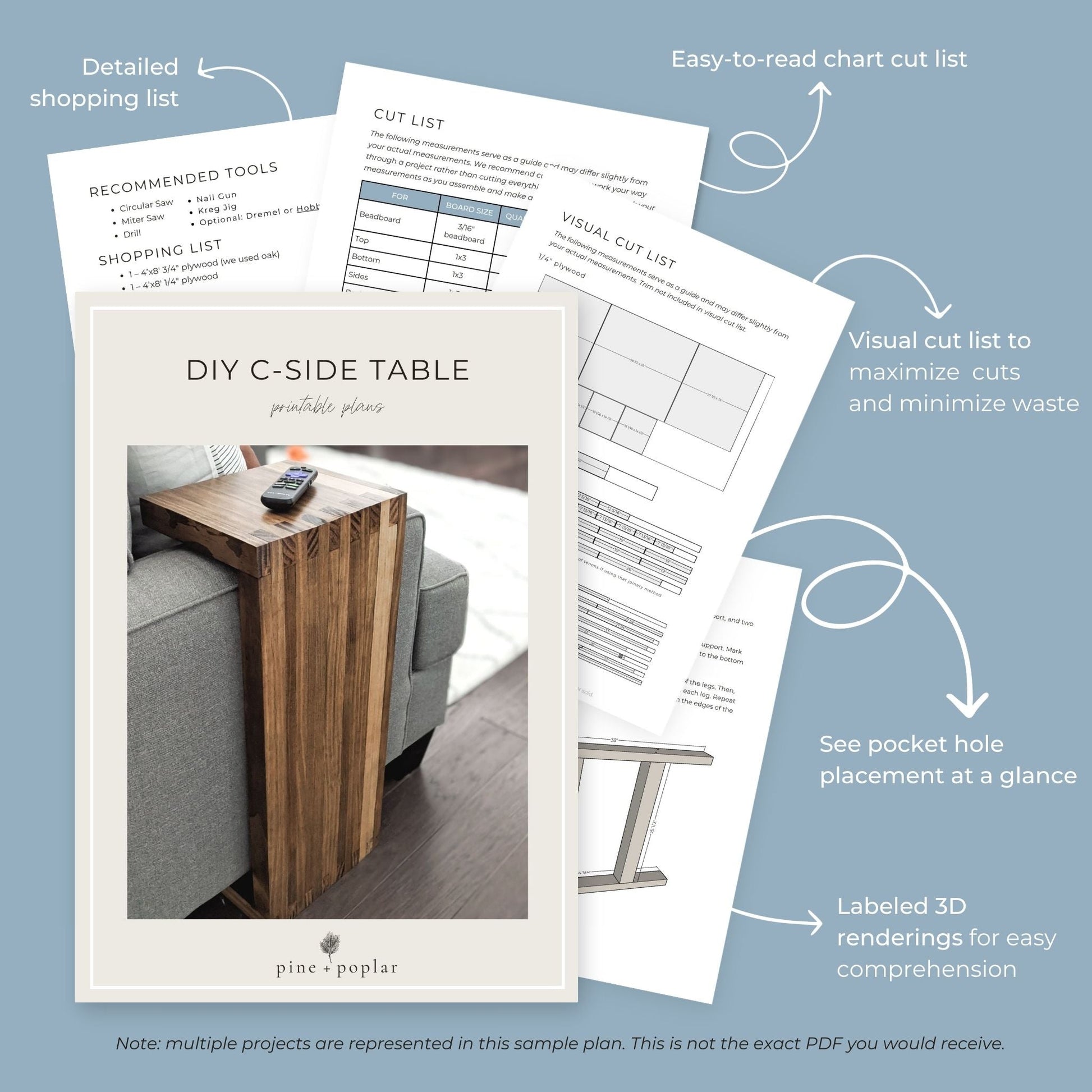 Preview pages of DIY printable project plans showing cut lists, 3D renderings, and detailed shopping list