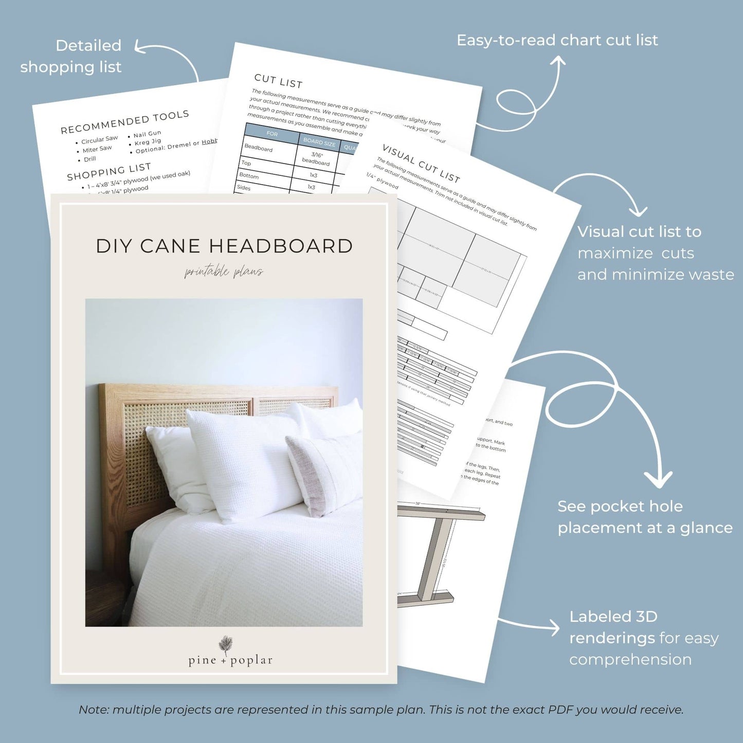 Preview pages of DIY printable project plans showing cut lists, 3D renderings, and detailed shopping list