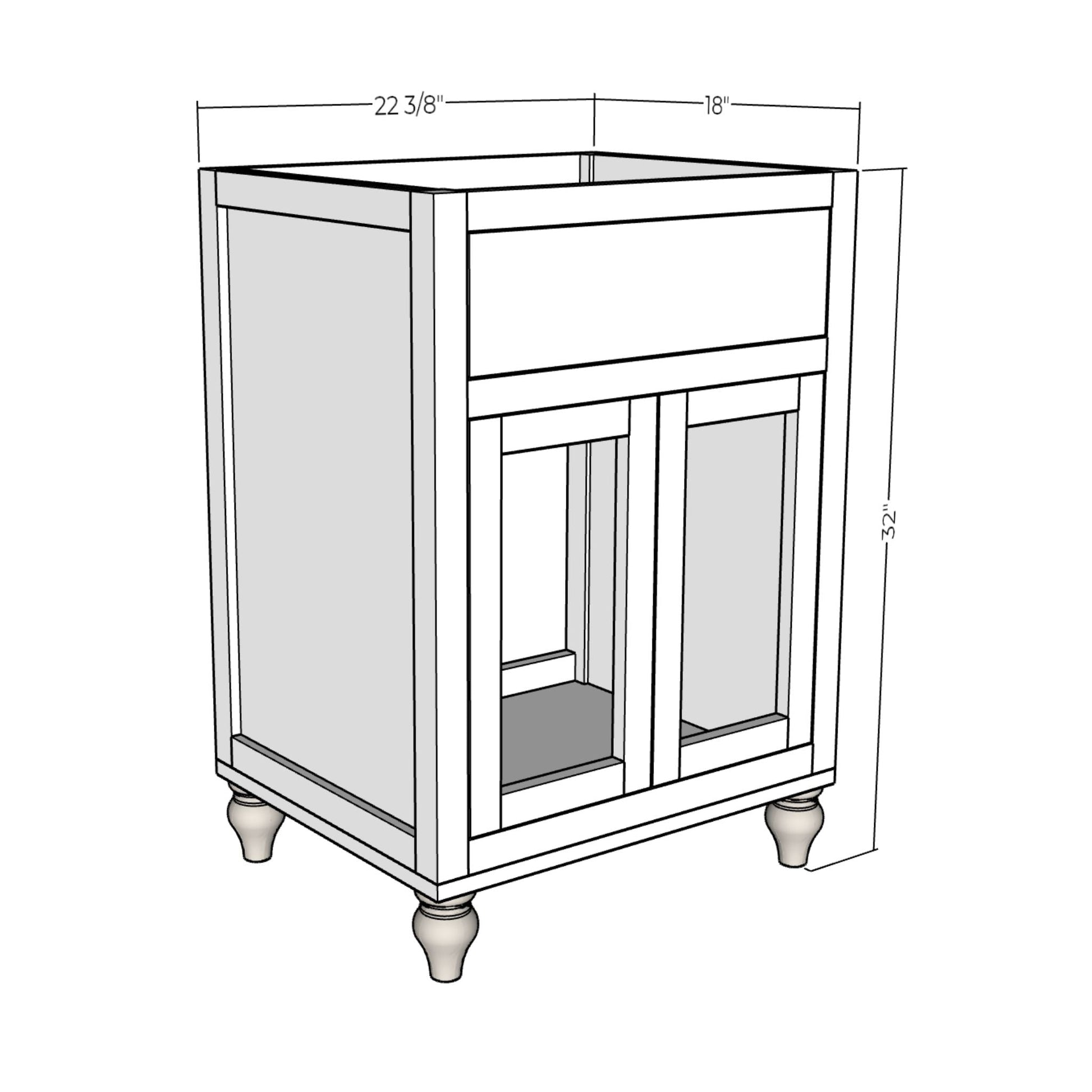 3D rendering of Cane Vanity with dimensions