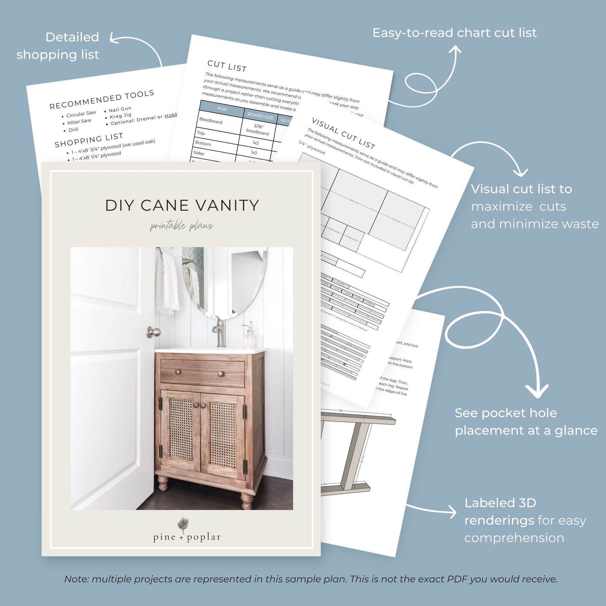 Preview pages of DIY printable project plans showing cut lists, 3D renderings, and detailed shopping list