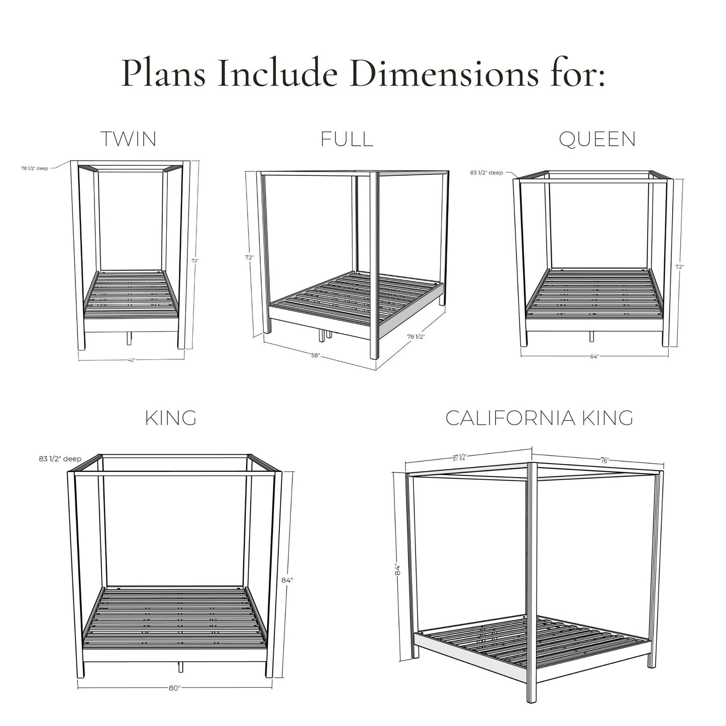 3D rendering of Canopy Bed with dimensions