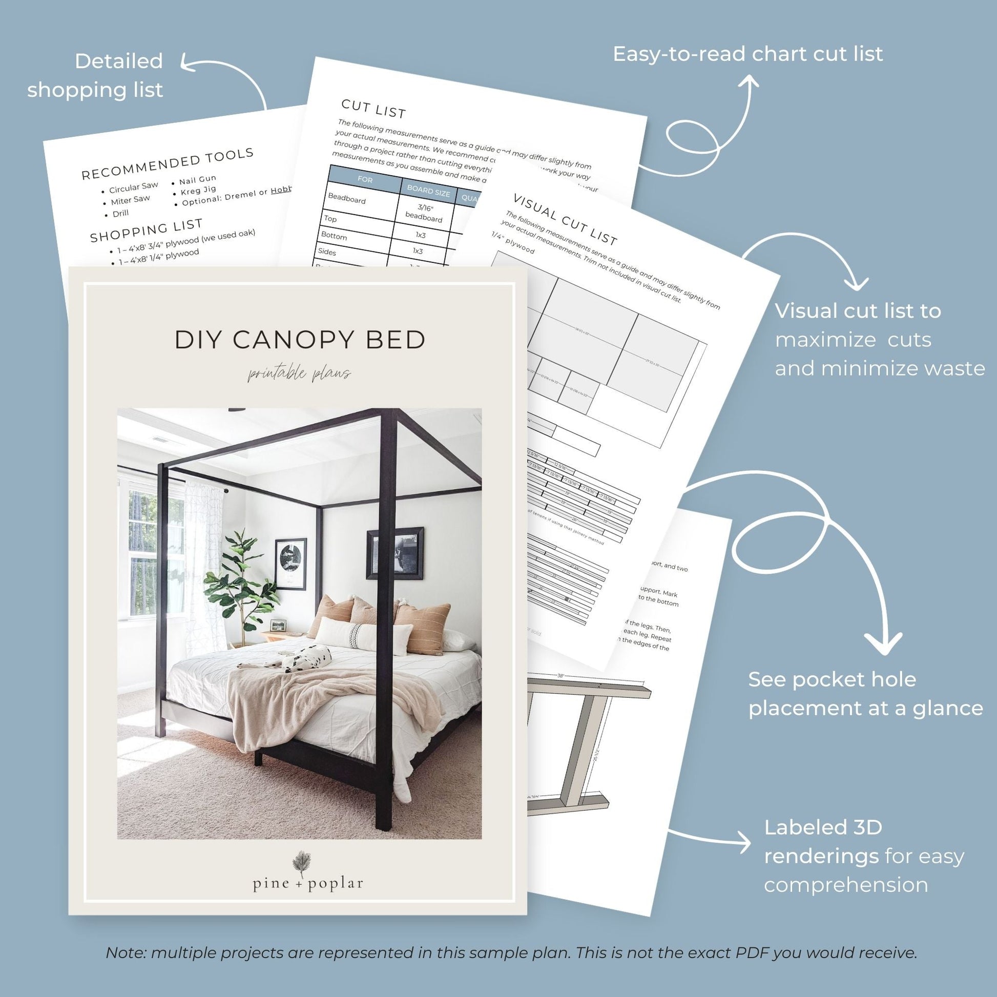 Preview pages of DIY printable project plans showing cut lists, 3D renderings, and detailed shopping list