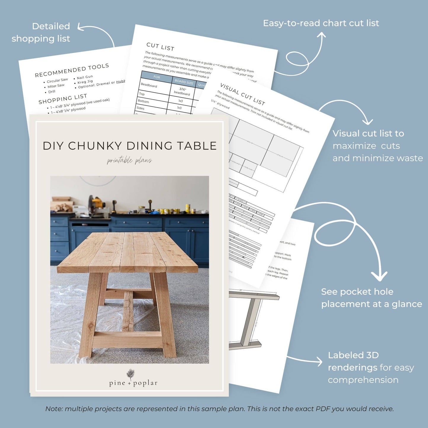 Preview pages of DIY printable project plans showing cut lists, 3D renderings, and detailed shopping list