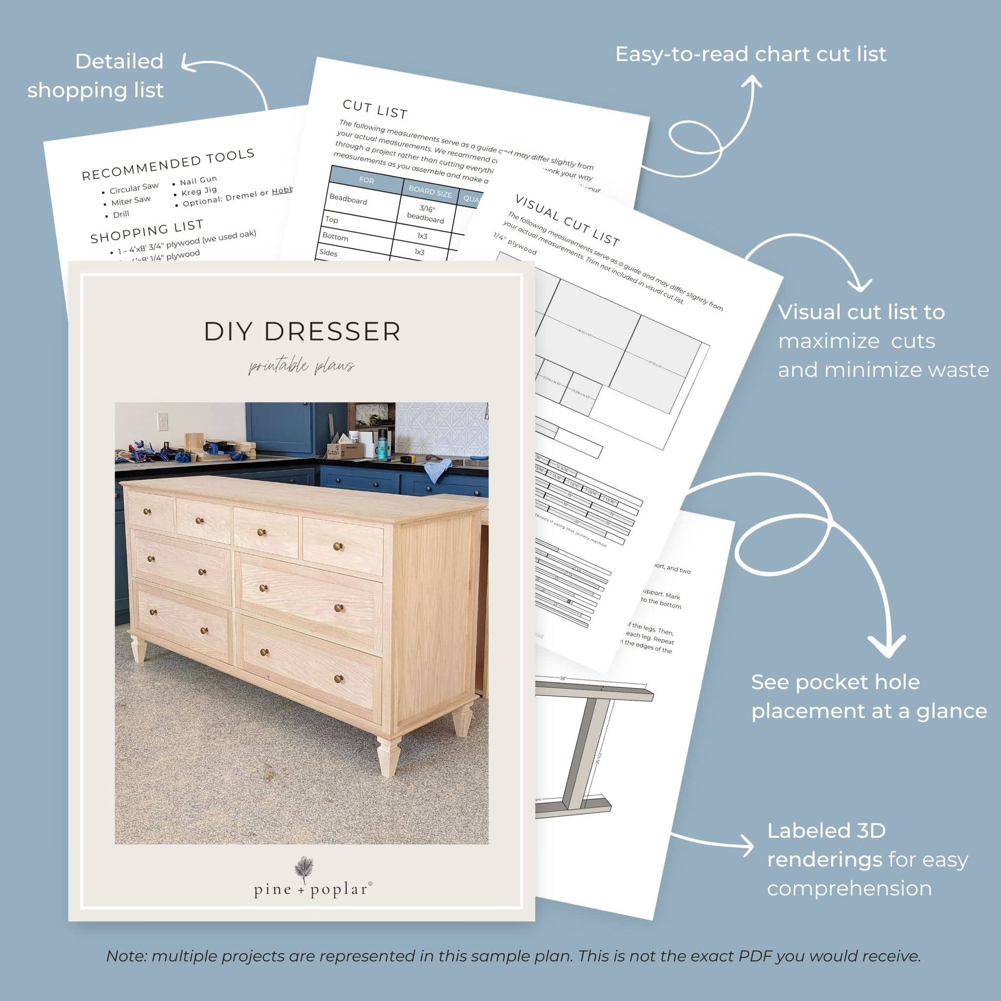 Preview pages of DIY printable project plans showing cut lists, 3D renderings, and detailed shopping list