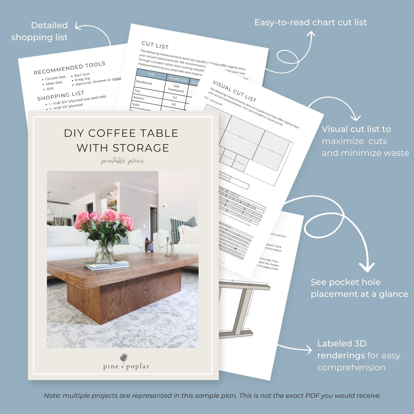 Preview pages of DIY printable project plans showing cut lists, 3D renderings, and detailed shopping list