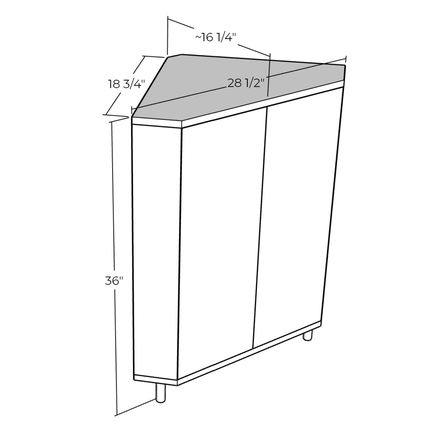 3D rendering of Corner Cabinet with dimensions