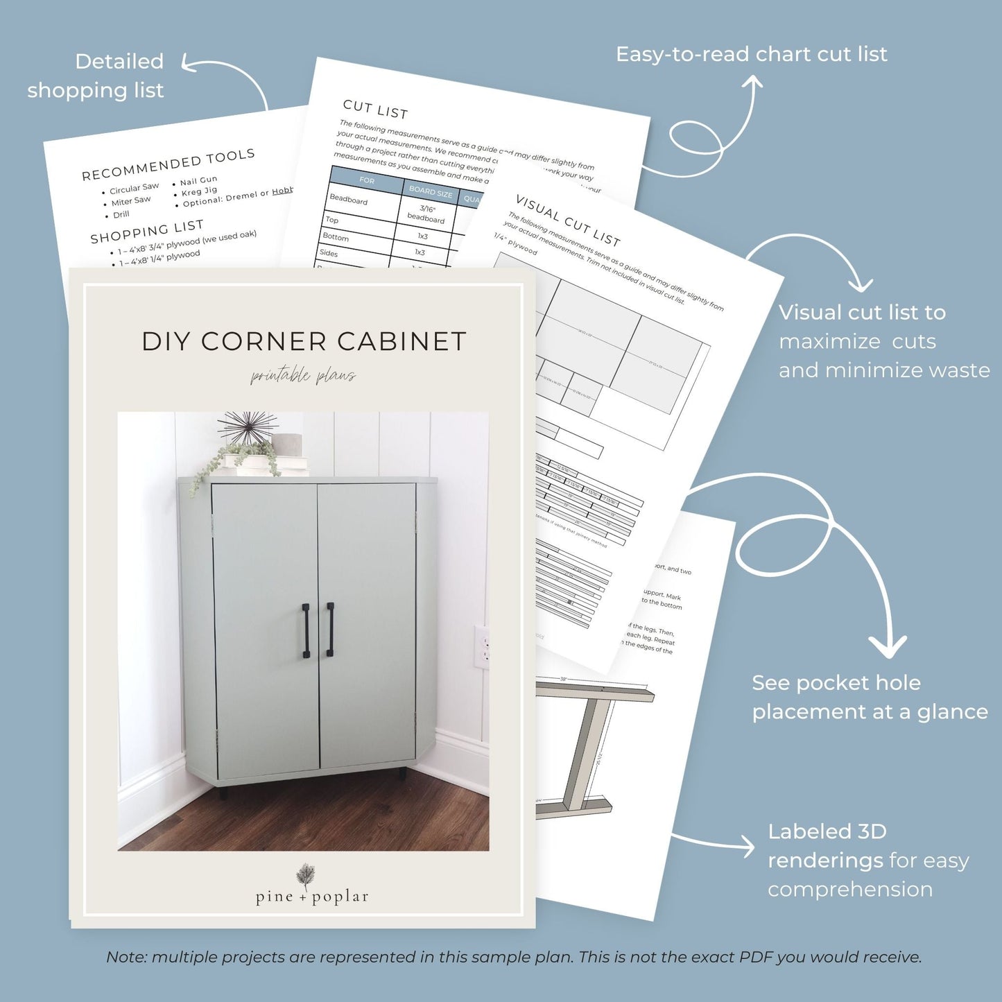 Preview pages of DIY printable project plans showing cut lists, 3D renderings, and detailed shopping list