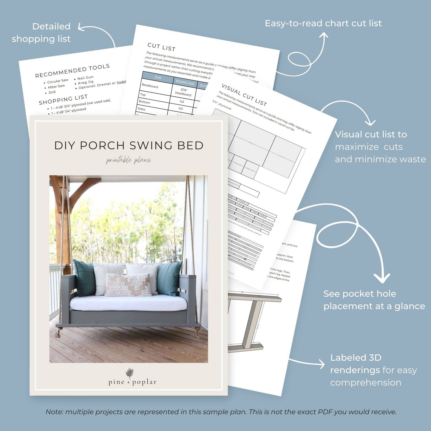 Preview pages of DIY printable project plans showing cut lists, 3D renderings, and detailed shopping list