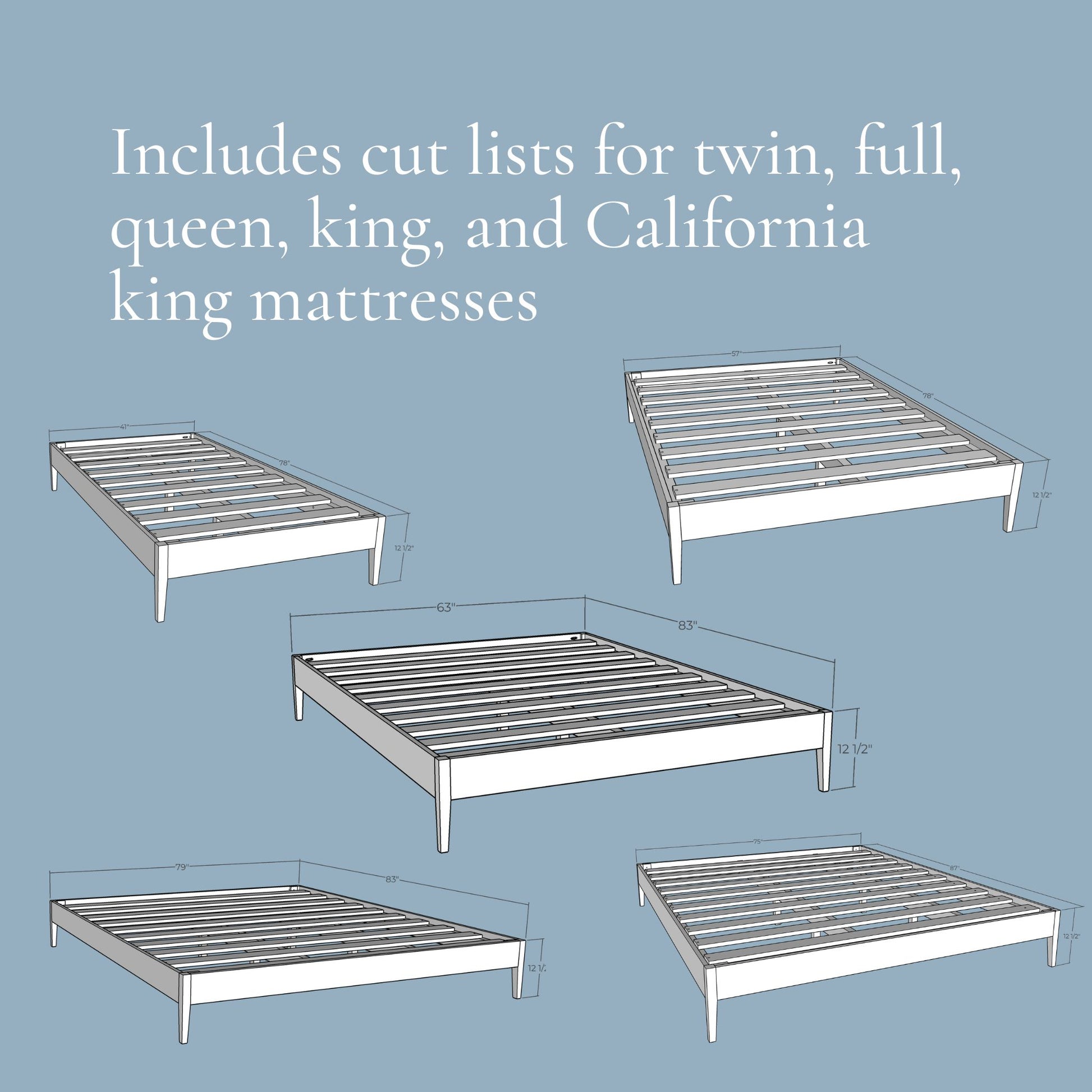 3D renderings of DIY bed frames in twin, full, queen, king, and California King sizes