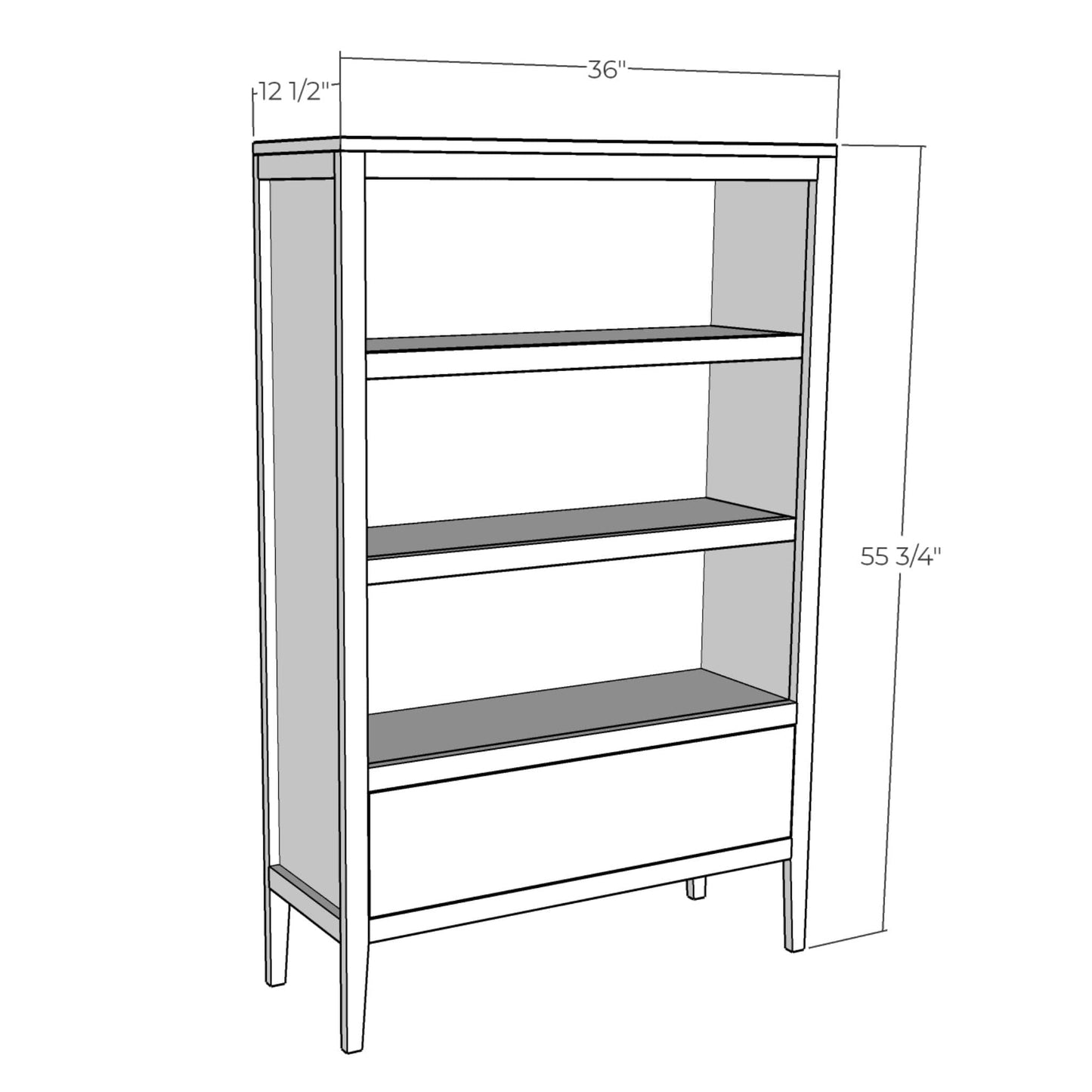 3D rendering of DIY bookcase with drawer with dimensions