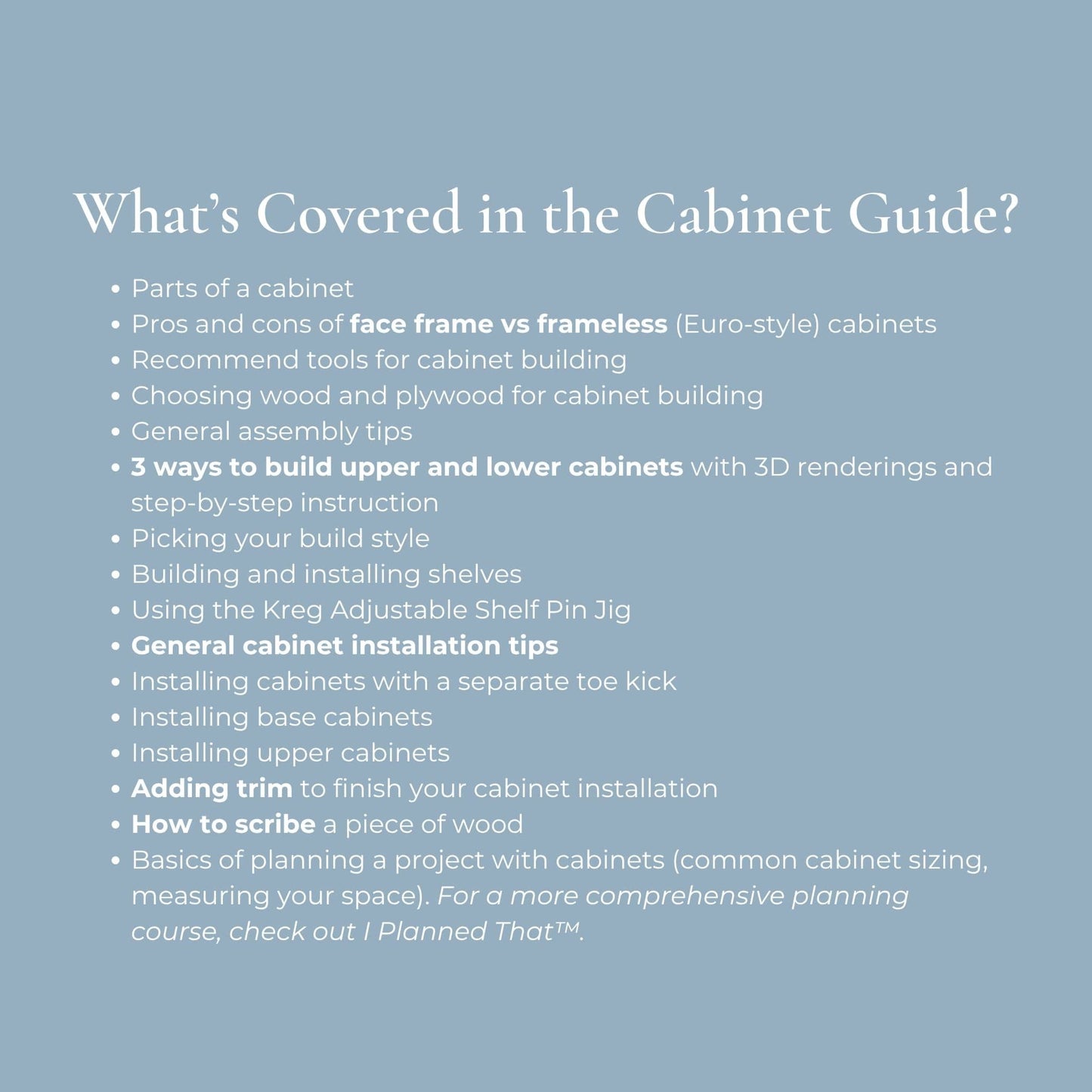 Text on a blue background describing topics covered in a cabinet guide.