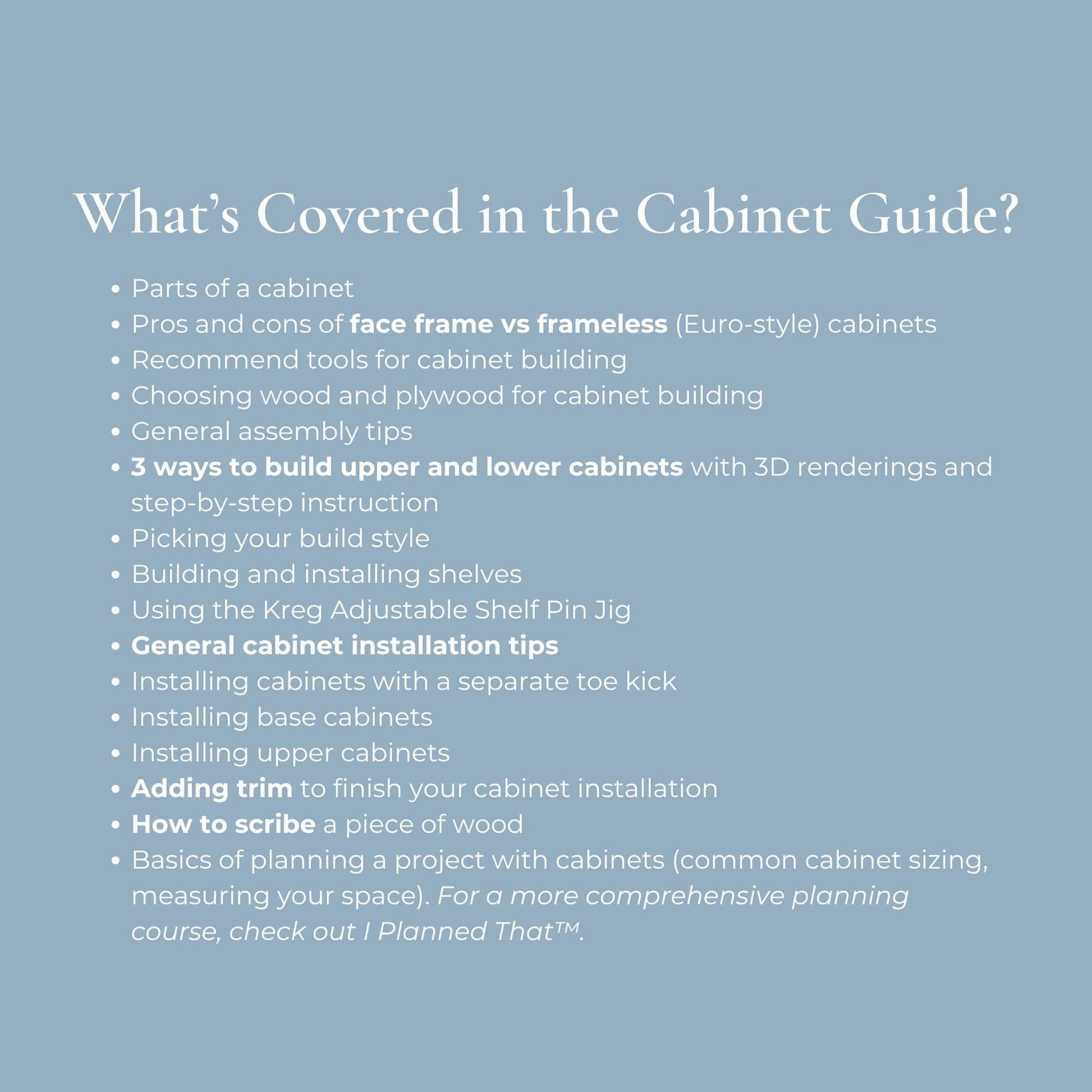 Text on a blue background describing topics covered in a cabinet guide.