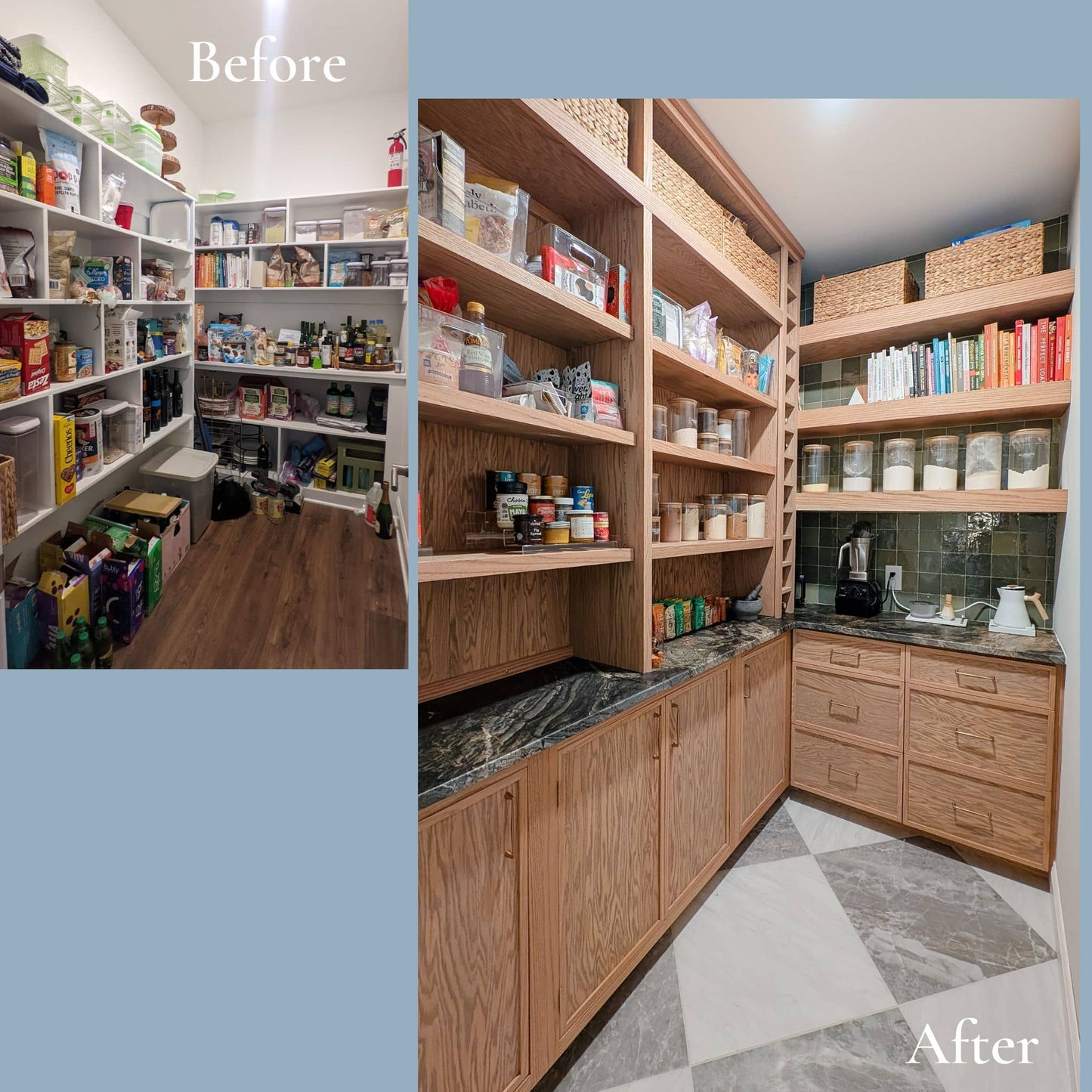 A before-and-after comparison of a pantry storage area. The left 'Before' panel shows a smaller, less organized pantry. The after shows a pantry with custom wood cabinetry and shelving