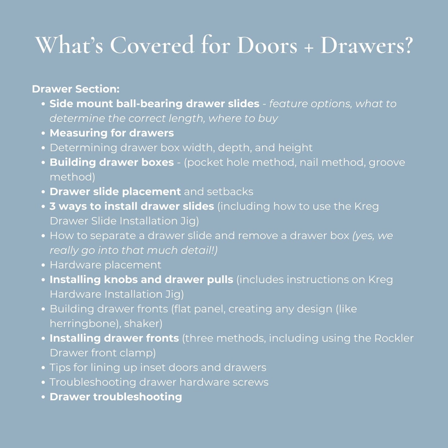 Text detailing topics covered for doors and drawers on a blue background
