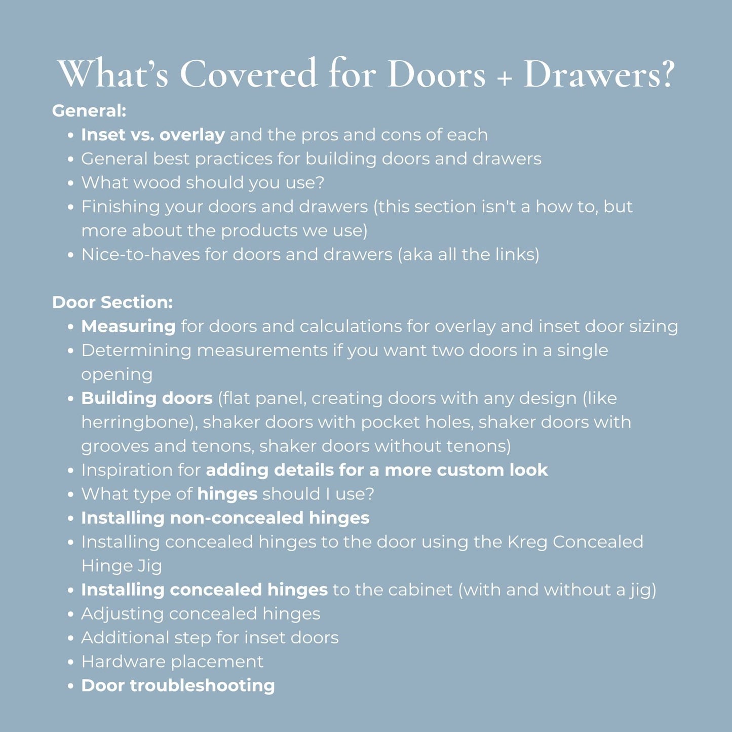 Text on a blue background about covered topics for doors and drawers.