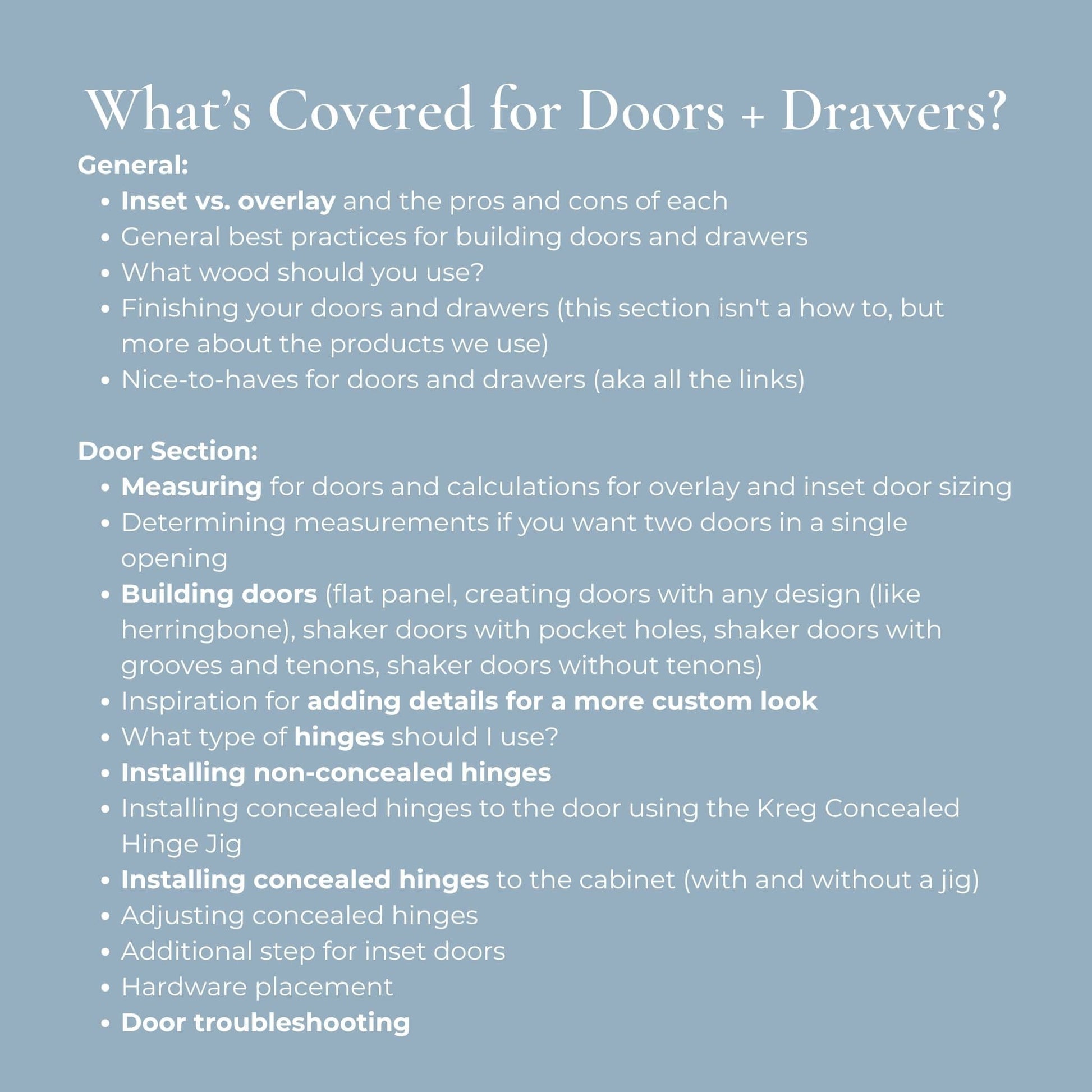 Text on a blue background about covered topics for doors and drawers.