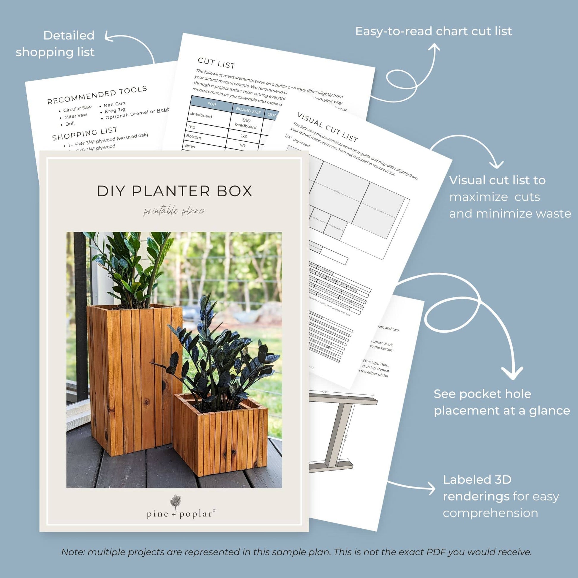 DIY planter box printable plans with preview of pages inside