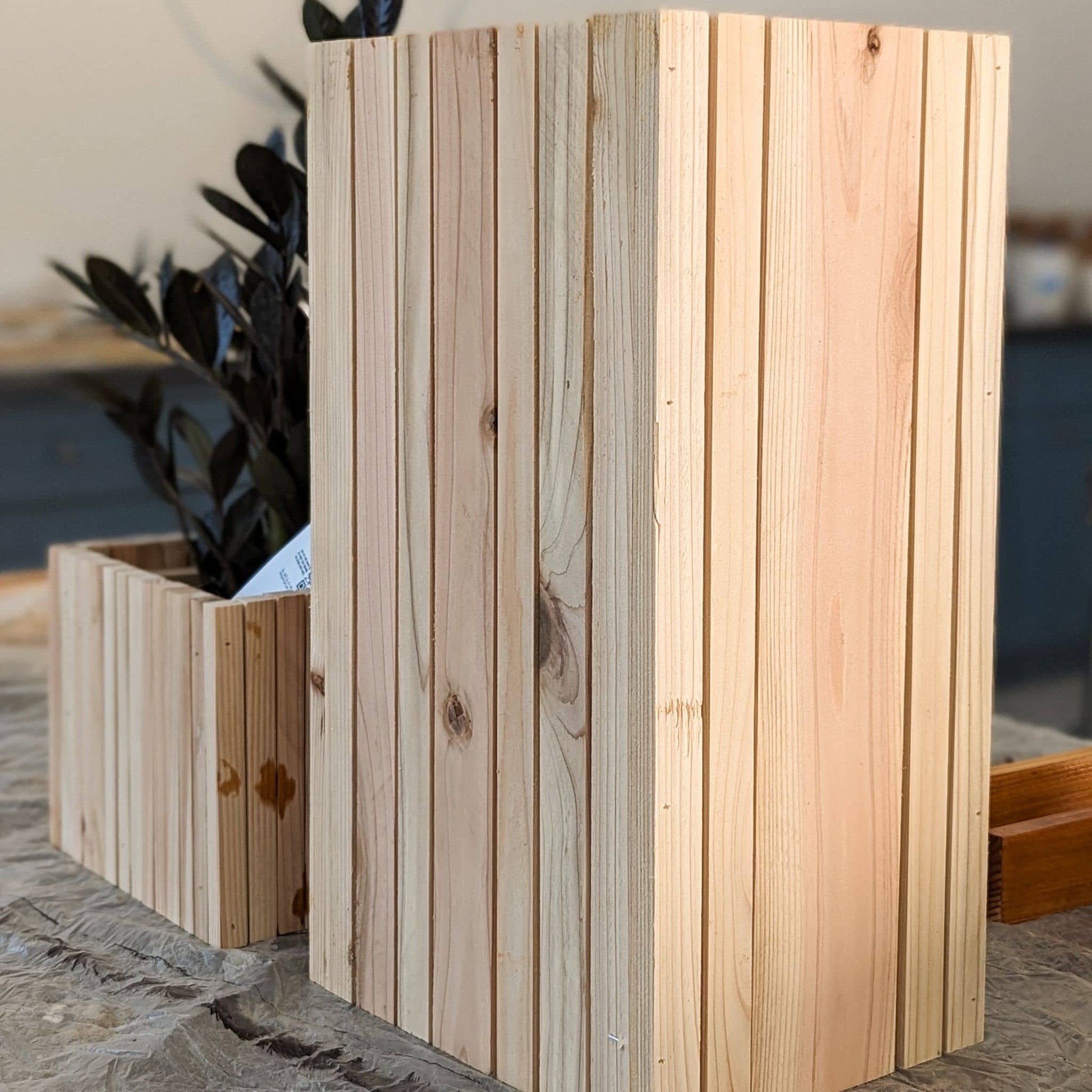 side view of DIY modern planter boxes with vertical slats