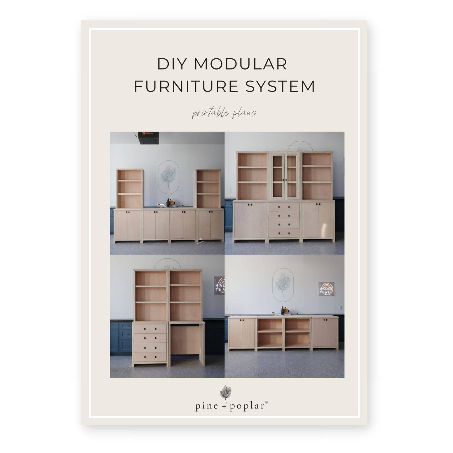 Collage of DIY modular furniture system with text overlay on a white background