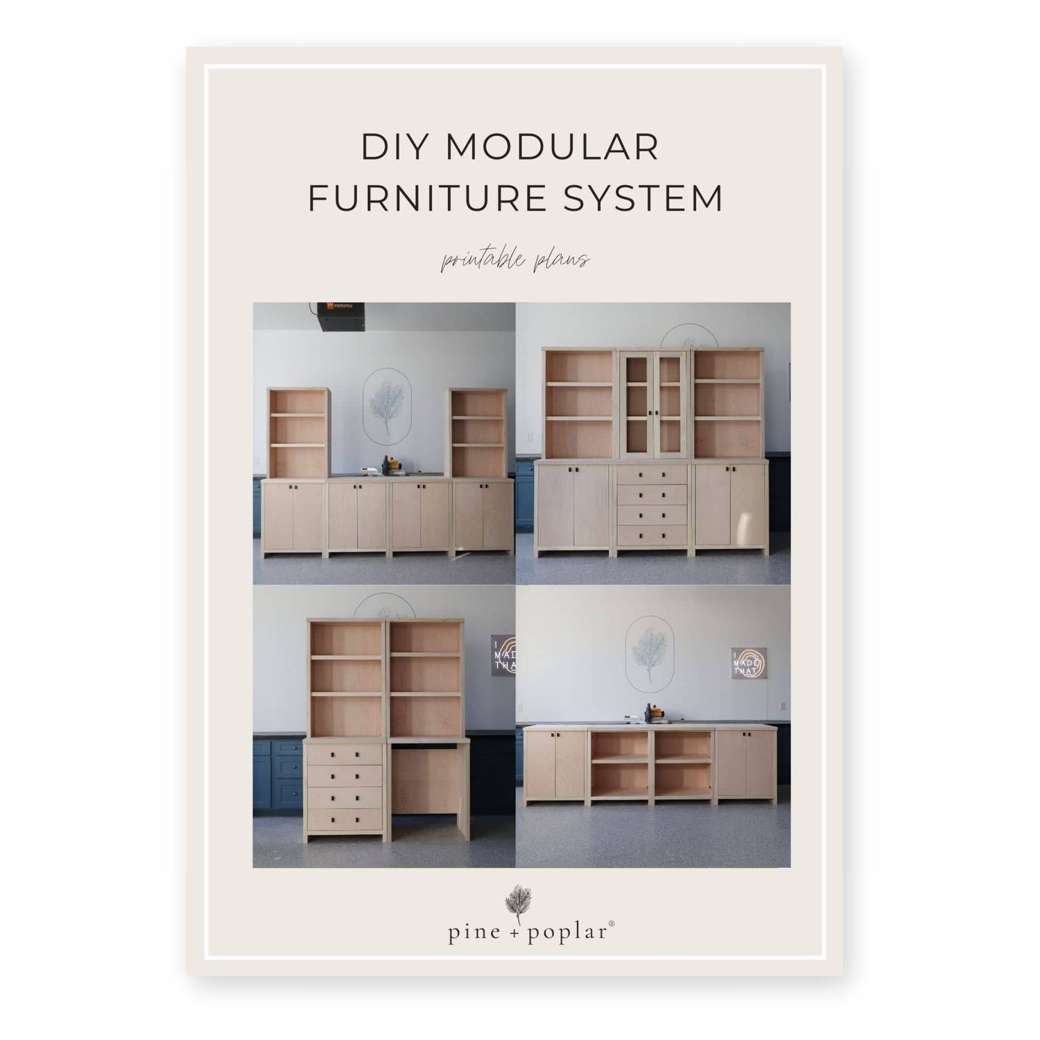 Collage of DIY modular furniture system with text overlay on a white background