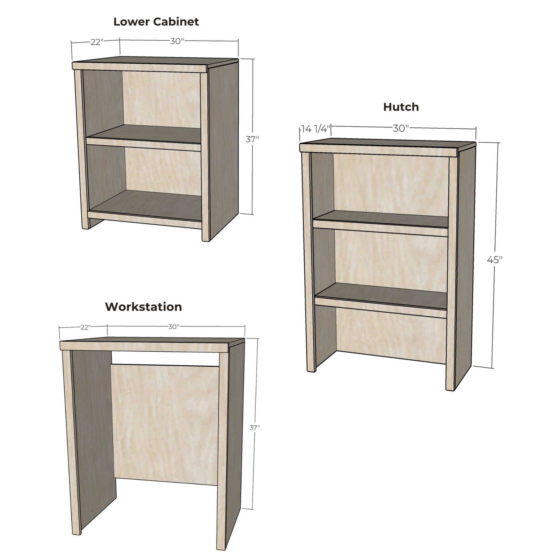 Dimensions of a lower cabinet, hutch, and workstation on a white background