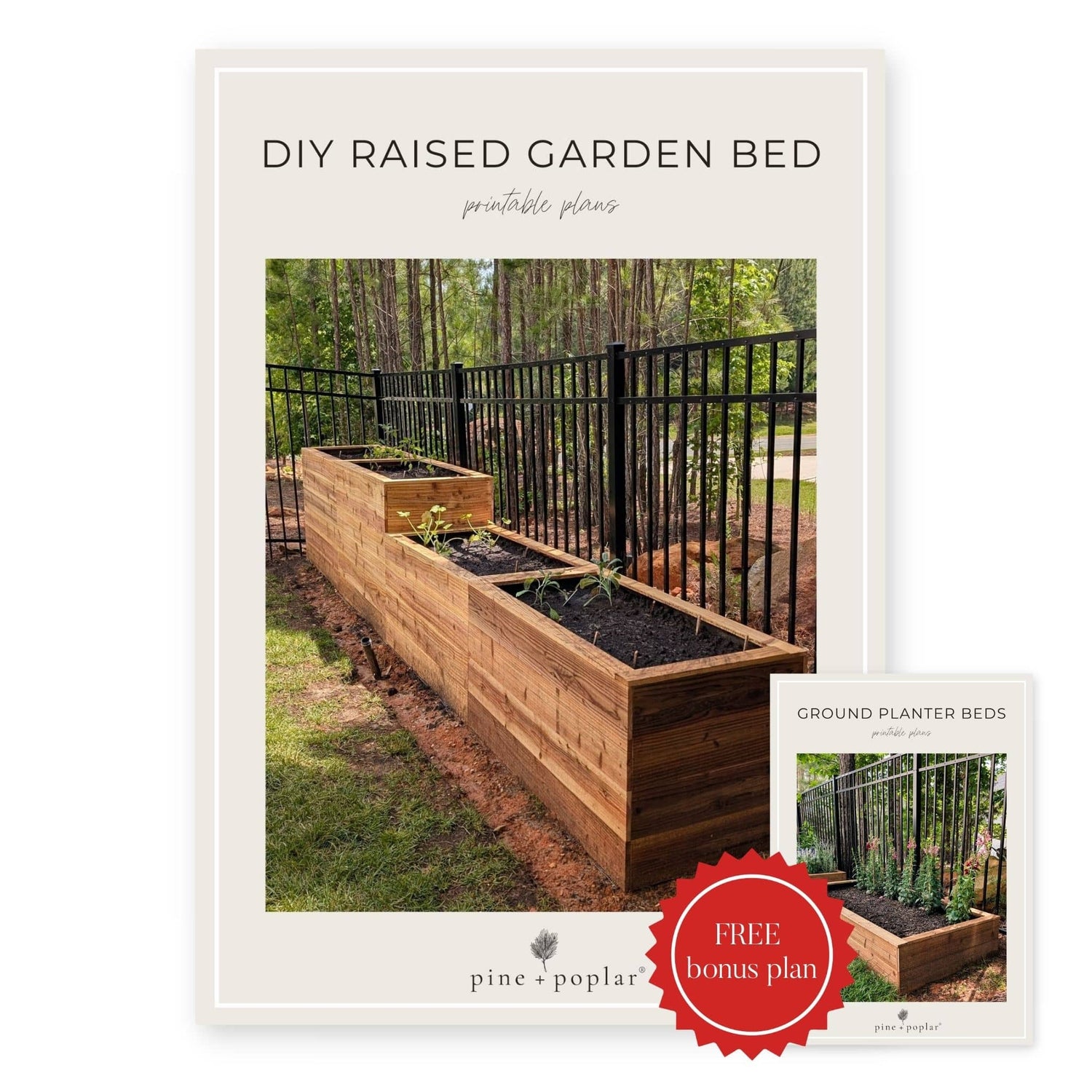 Promotional graphic for DIY raised garden bed with plans and branding details.