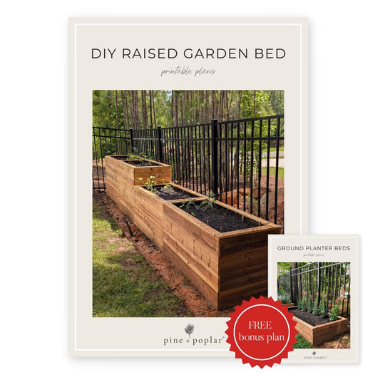 Promotional graphic for DIY raised garden bed with plans and branding details.