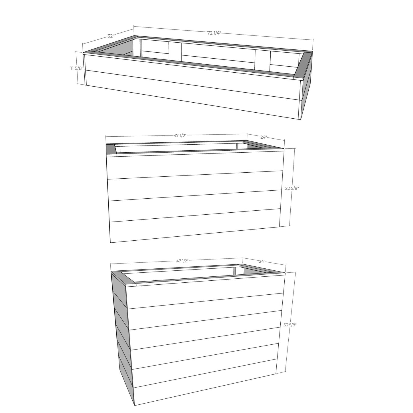 Technical drawing of a rectangular planter box with dimensions on a white background