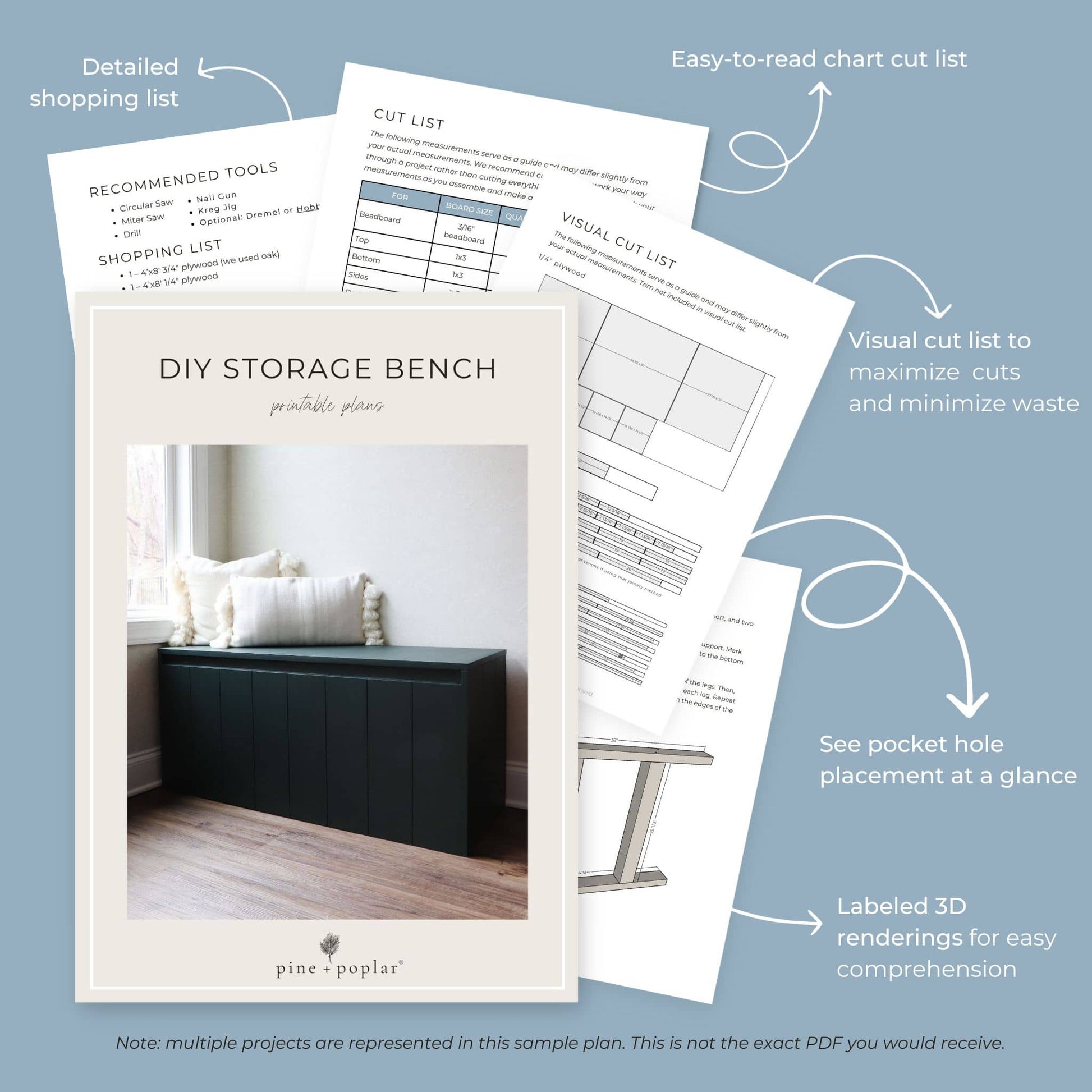 Set of DIY storage bench plans with labeled components on a light blue background